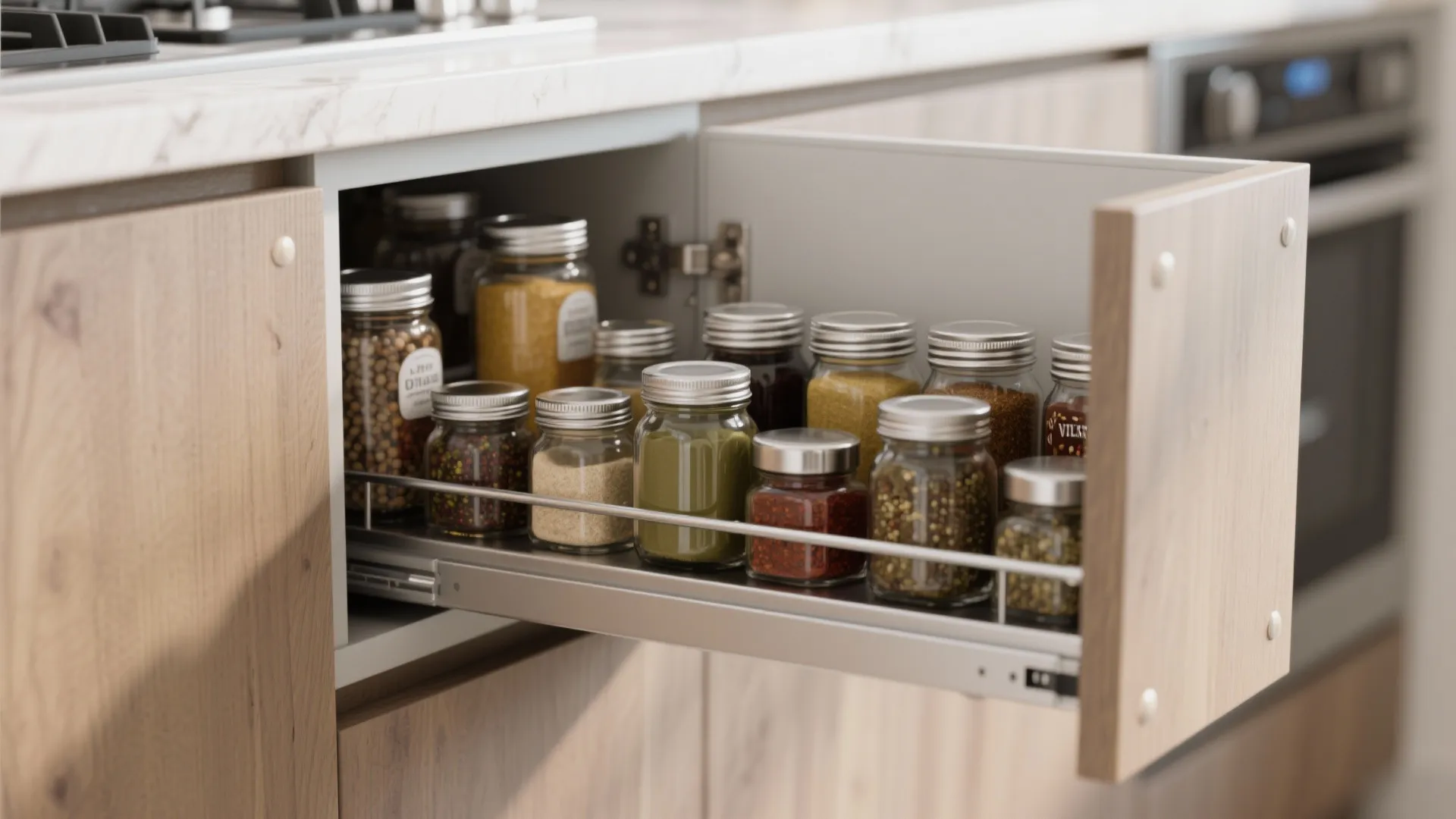 Pull out kitchen drawer showing many glass spice jars with silver lids for organized storage