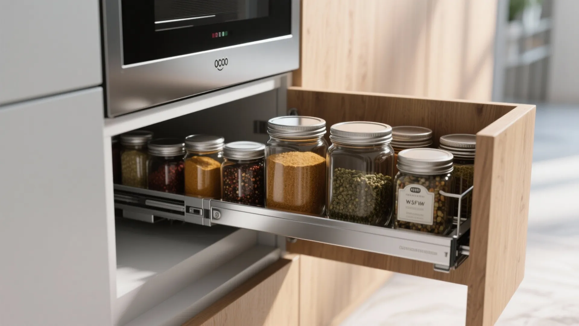 Close up of pull out kitchen cabinet drawer with glass jars for organized spice storage