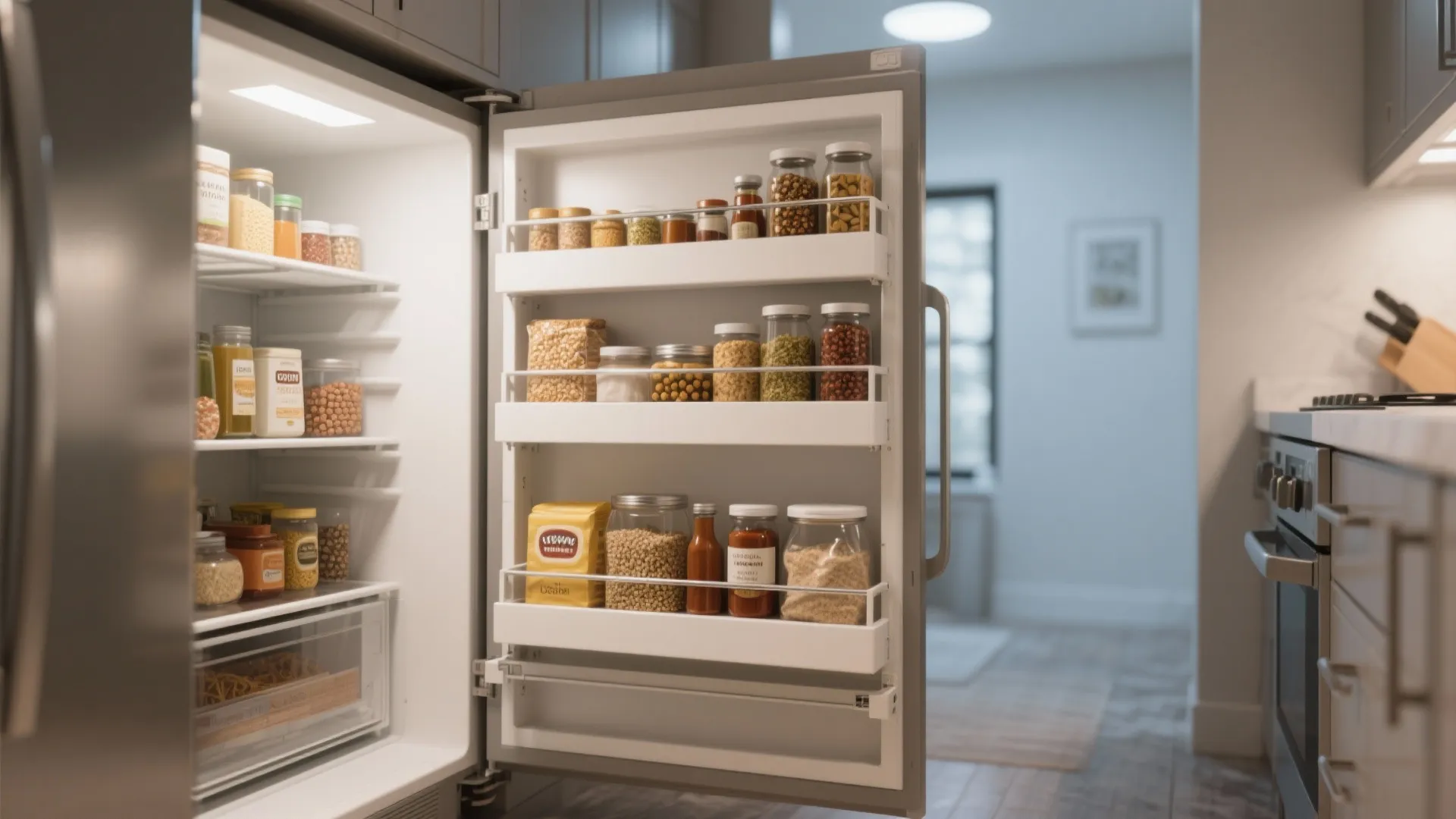 Open refrigerator door with glass jars of food spices and snacks stored neatly on shelves