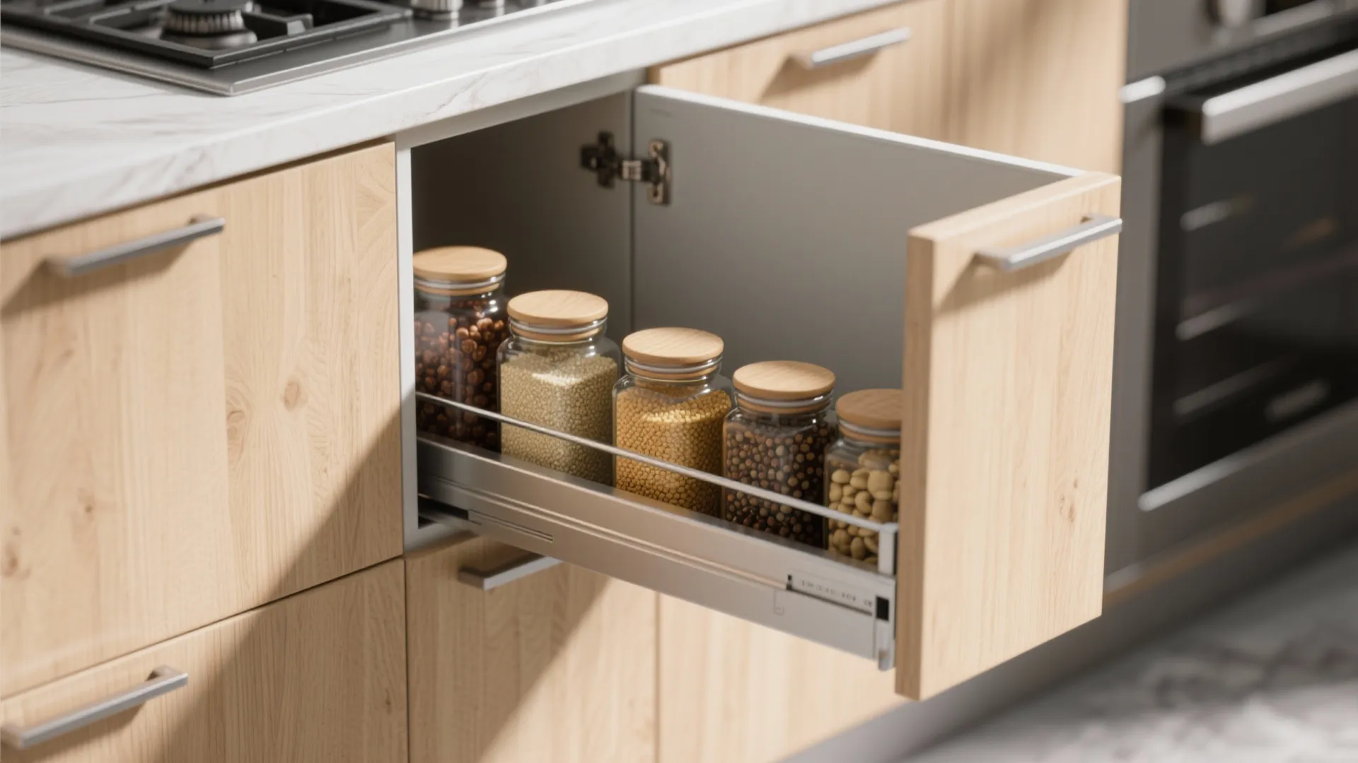 Kitchen cabinet drawer pulled open showing glass storage jars with wooden lids for spices and grains