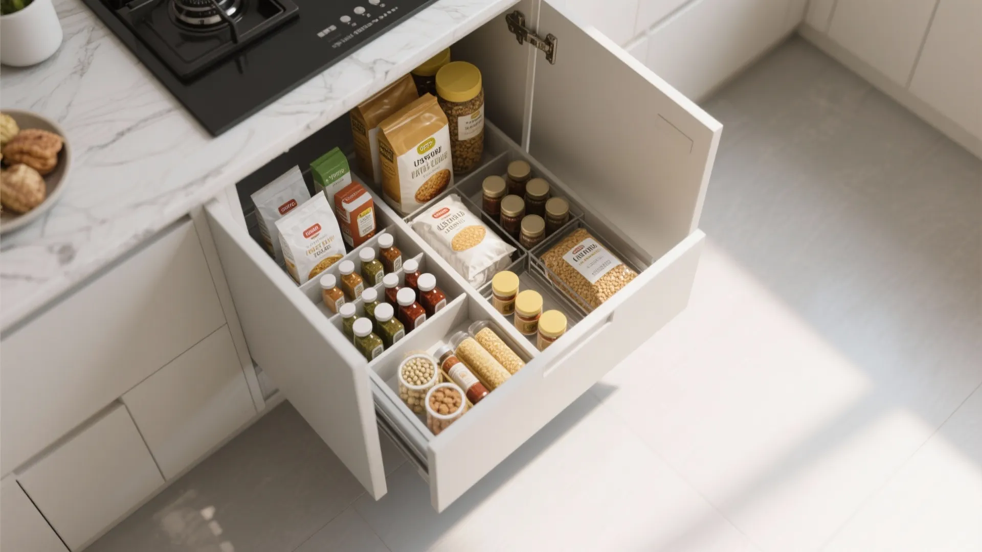 Open white kitchen drawer organized with various food containers spice jars and bags of grains