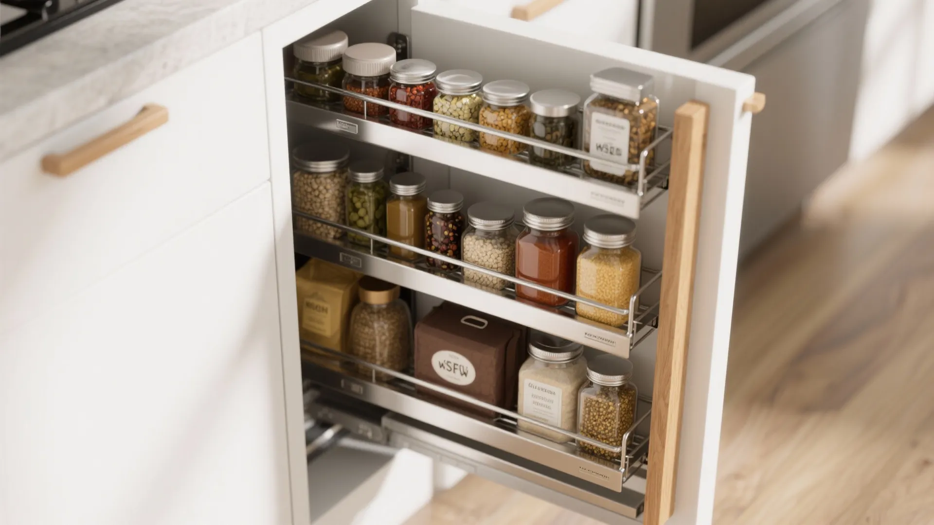 Kitchen cabinet with a pull-out metal rack showing organized spice jars and various food containers
