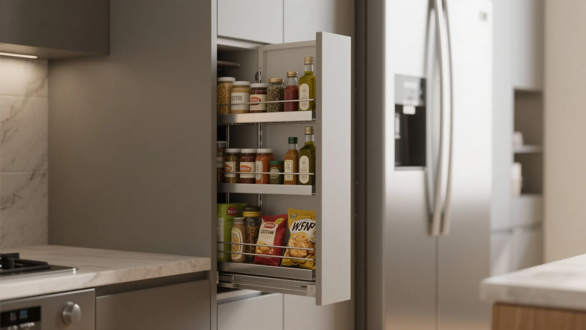 Slim pull-out pantry rack filled with spices and cooking oils