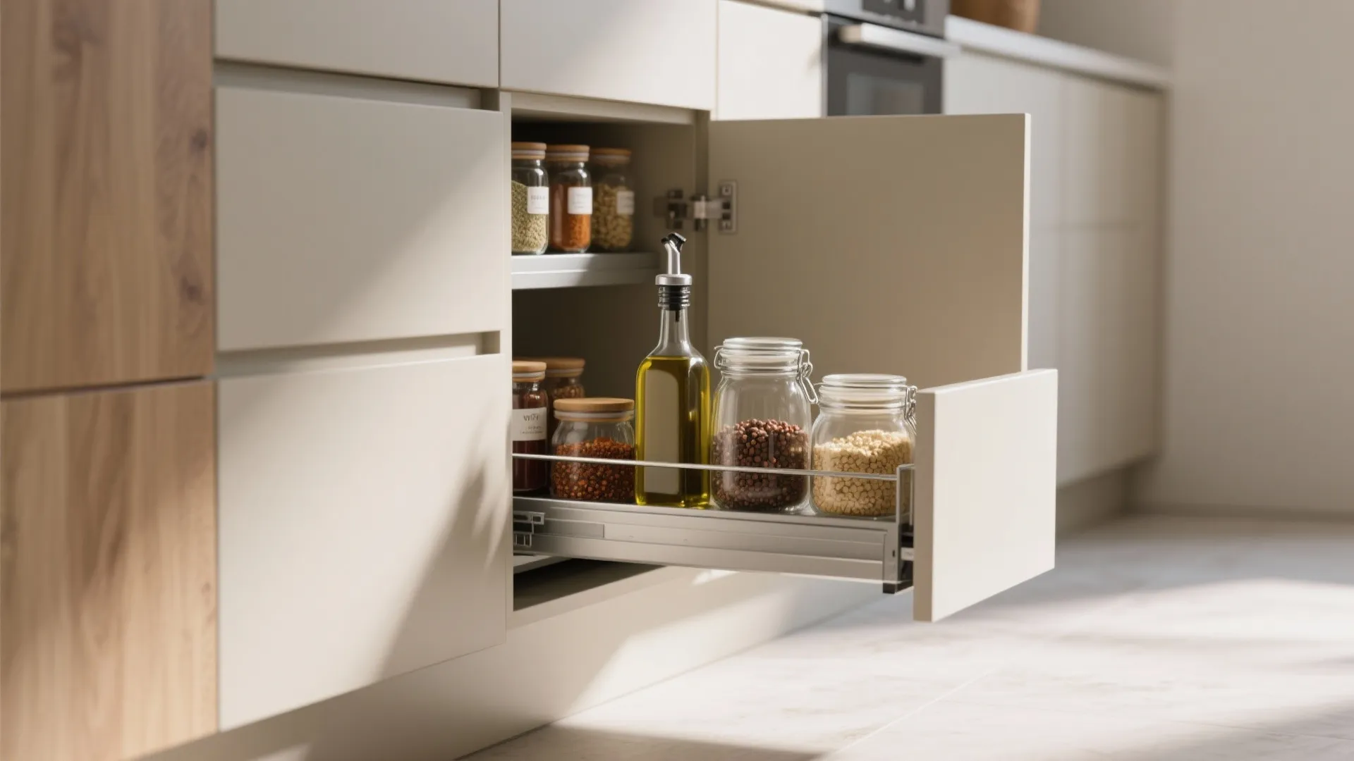 Open kitchen drawer showing organized glass jars of spices and oil bottle for easy storage