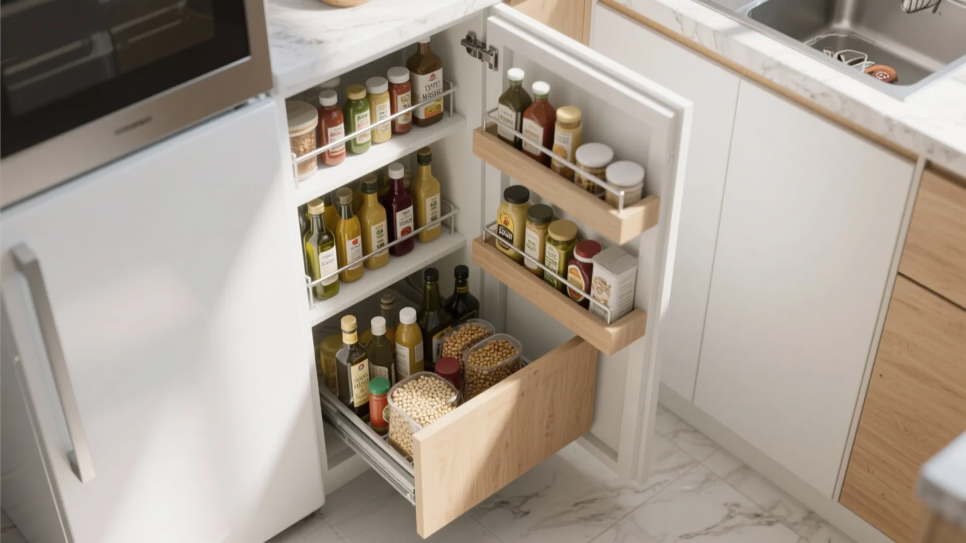 Open kitchen cabinet with pull out shelves storing various glass bottles jars and dry food containers