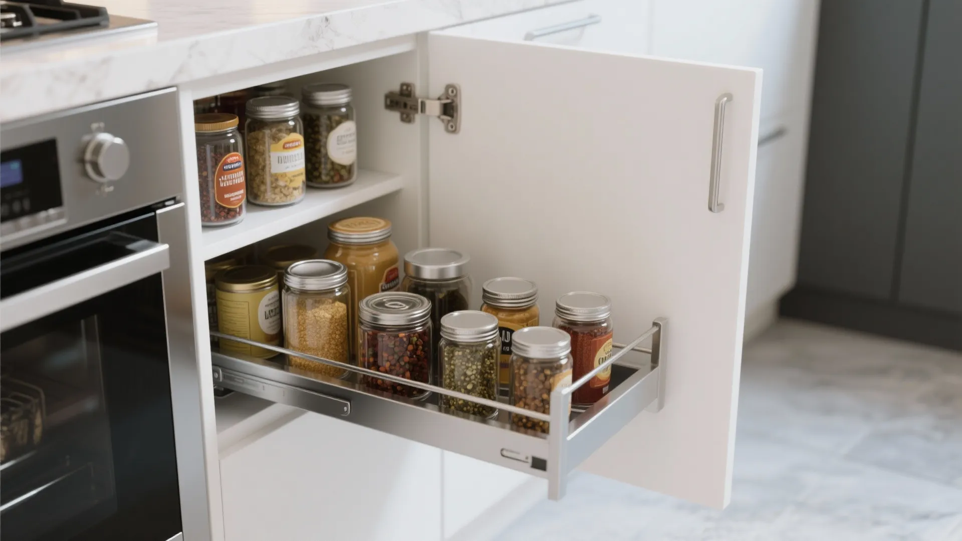 Pull out metal drawer inside a white kitchen cabinet filled with various glass spice storage jars
