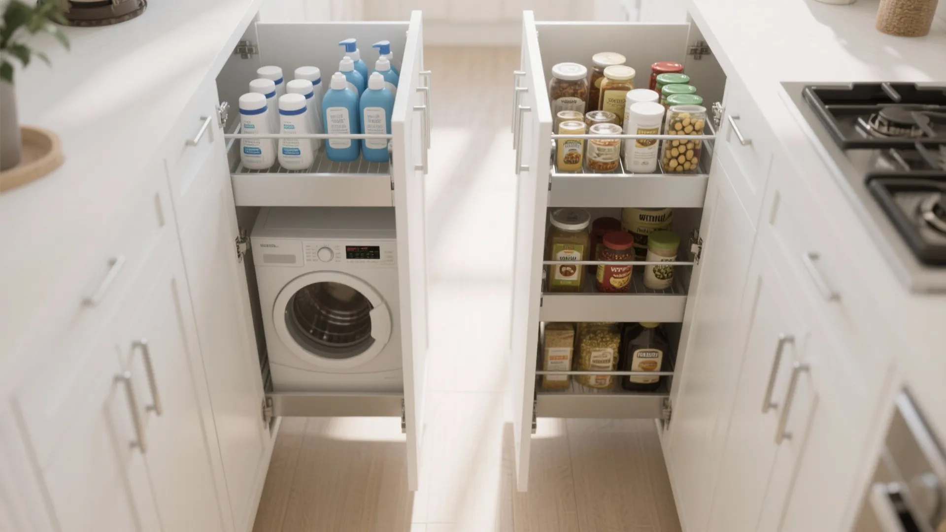 White kitchen cabinets with pull out drawers for food jars and laundry detergent storage space