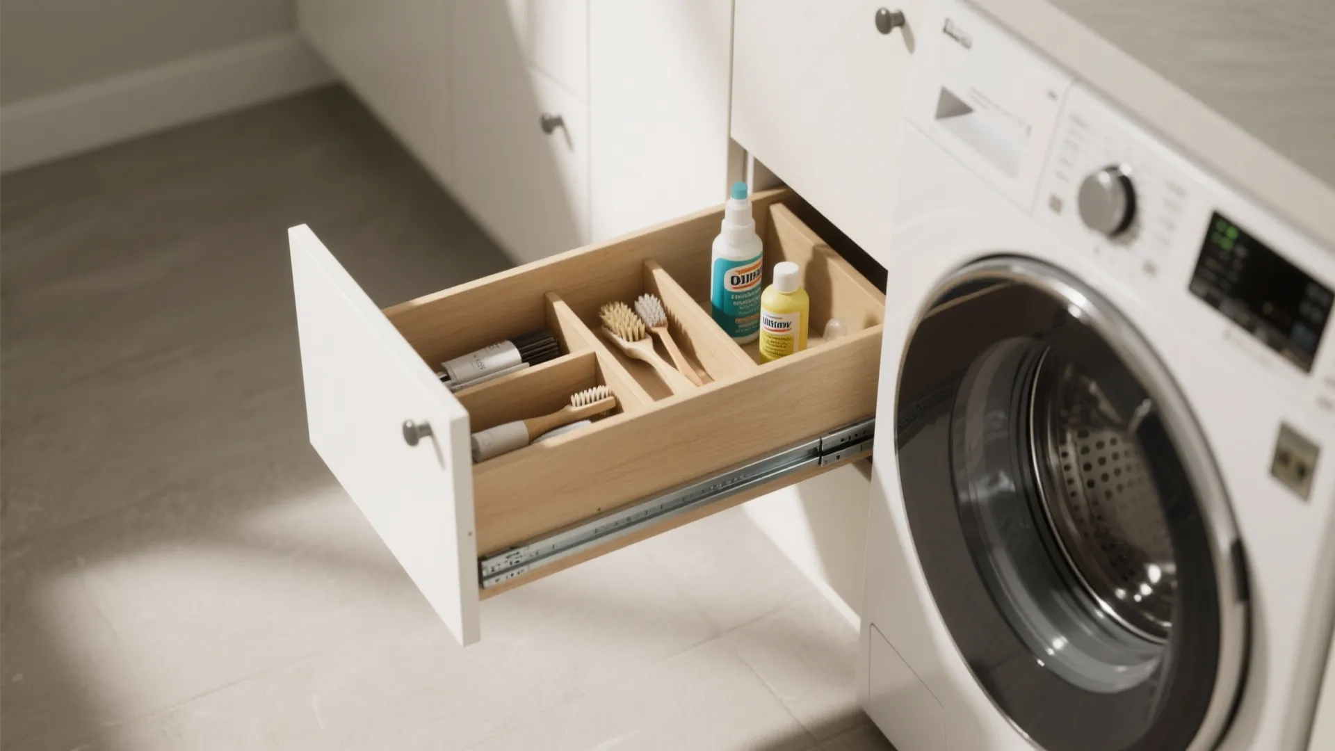 Top-down view of a slim pull-out shelf with dividers for detergents and brushes beside a washer.