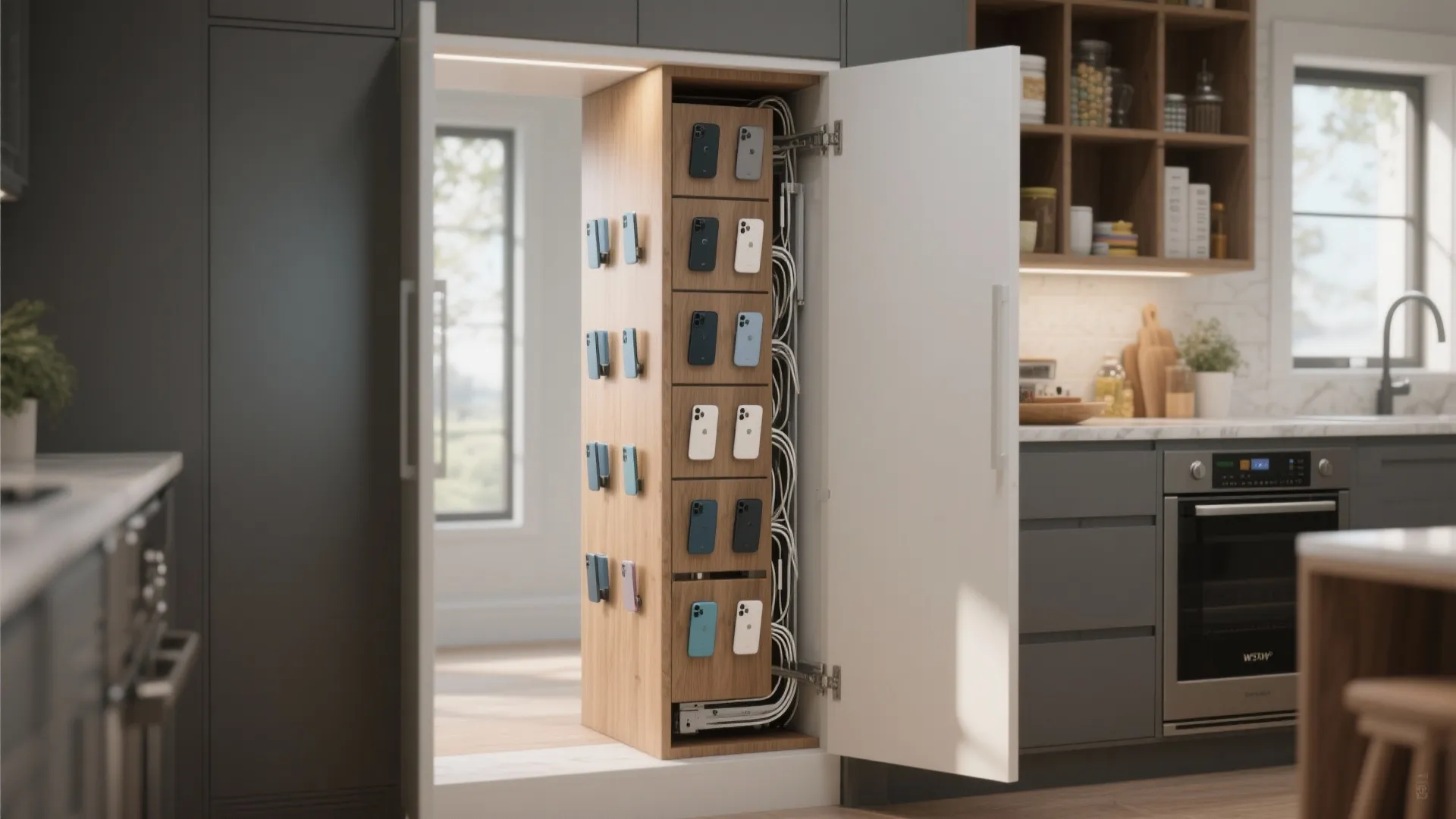Tall wooden pull out pantry cabinet used for charging and storing multiple mobile phones neatly