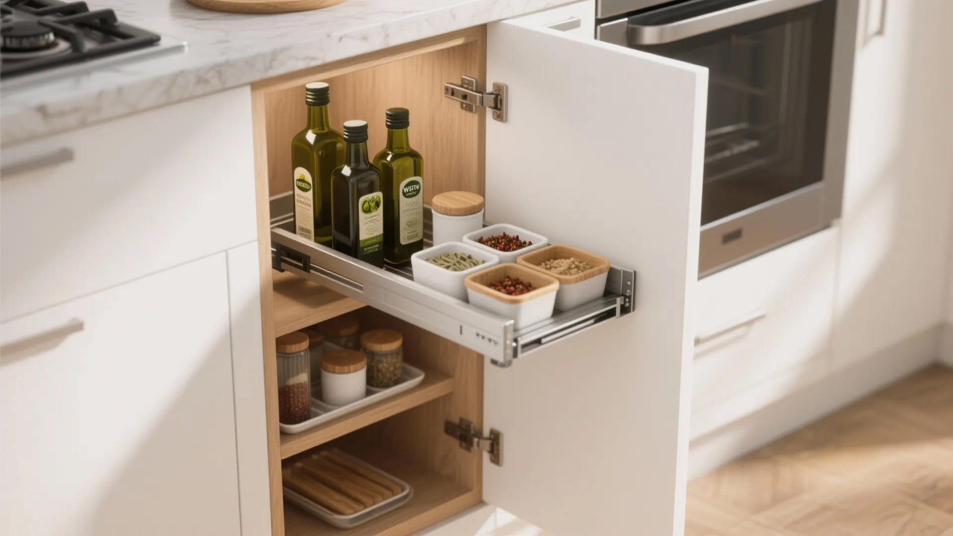 Open white kitchen cabinet with pull out drawer holding oil bottles and small spice storage containers