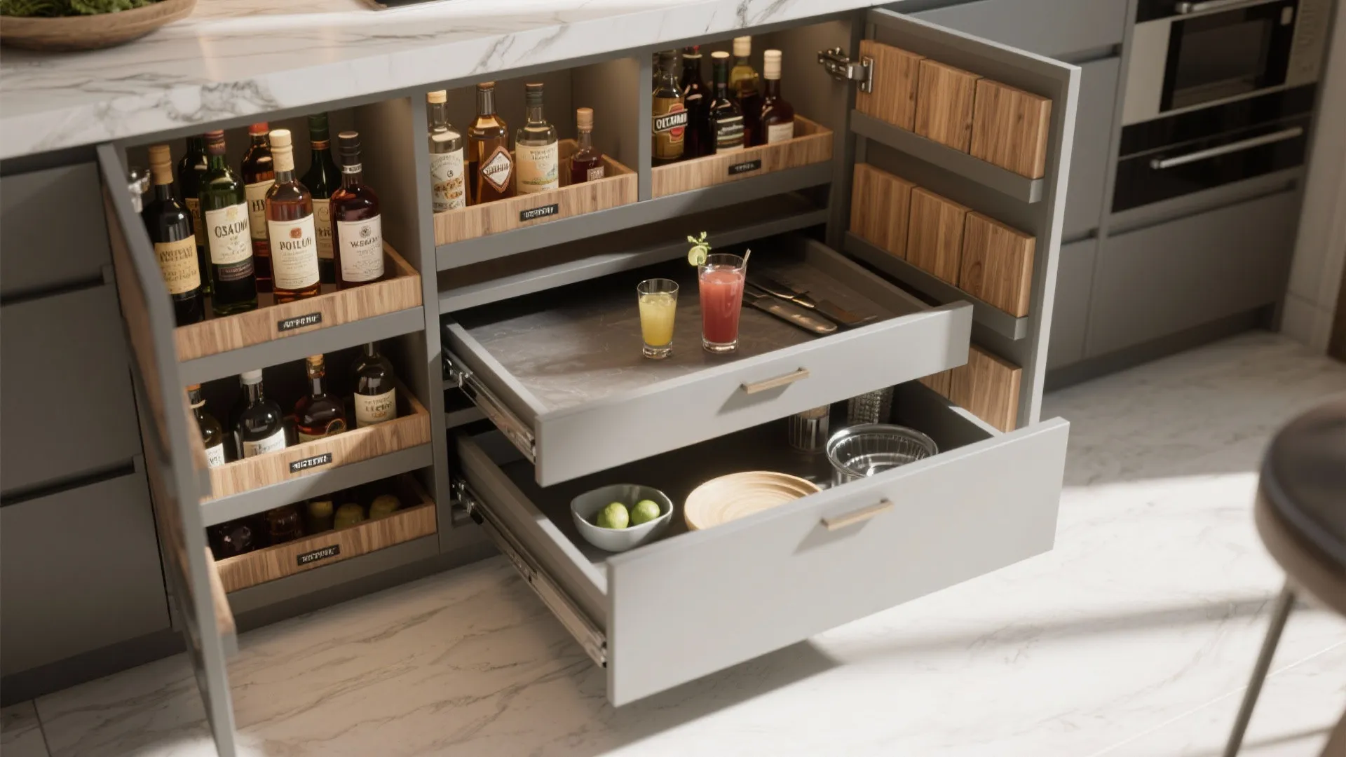 Kitchen cabinet with open drawers holding glass bottles and bowls under a white marble countertop
