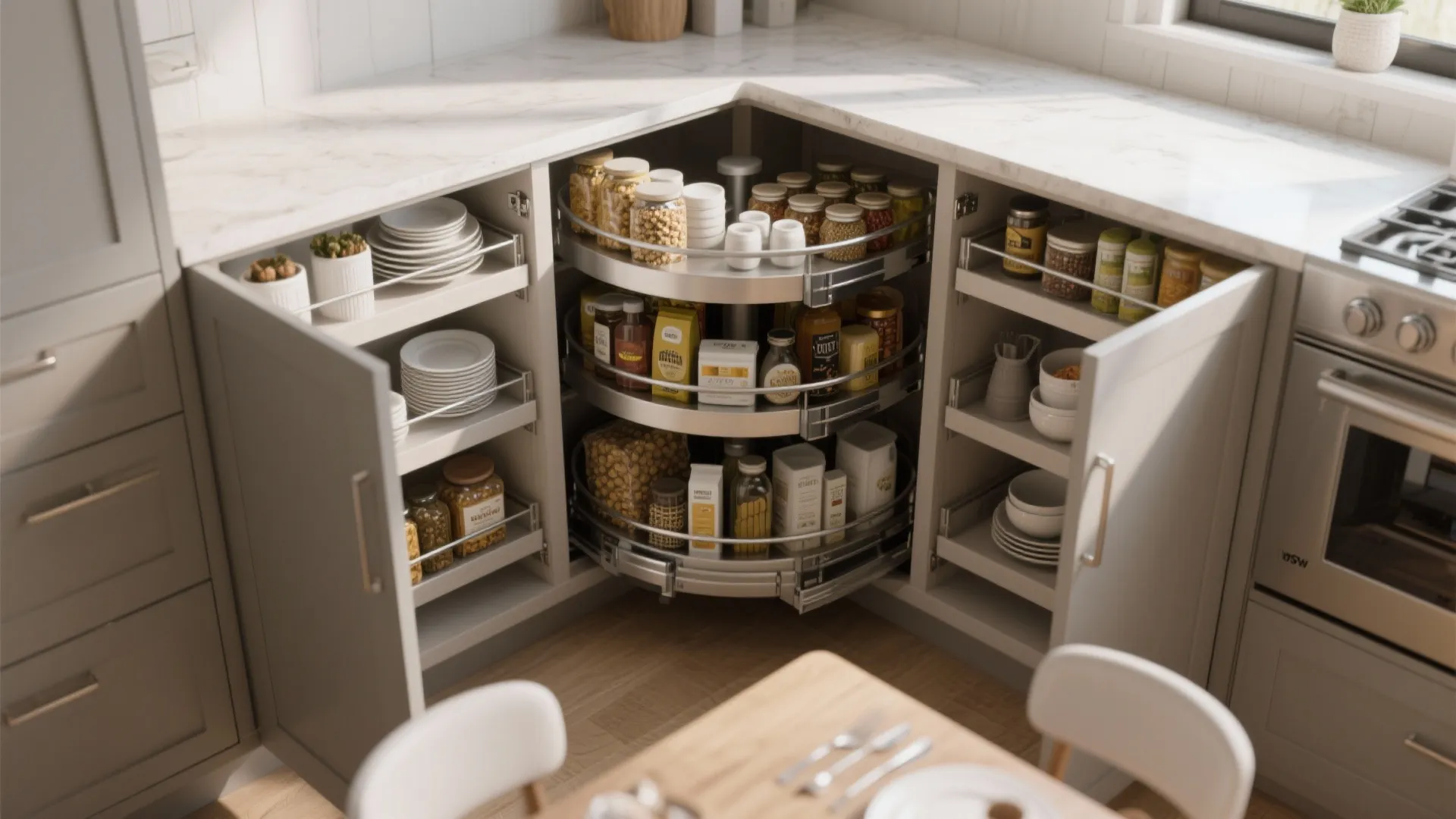 Top-down view of a pull-out corner pantry carousel extended with organized pantry items.