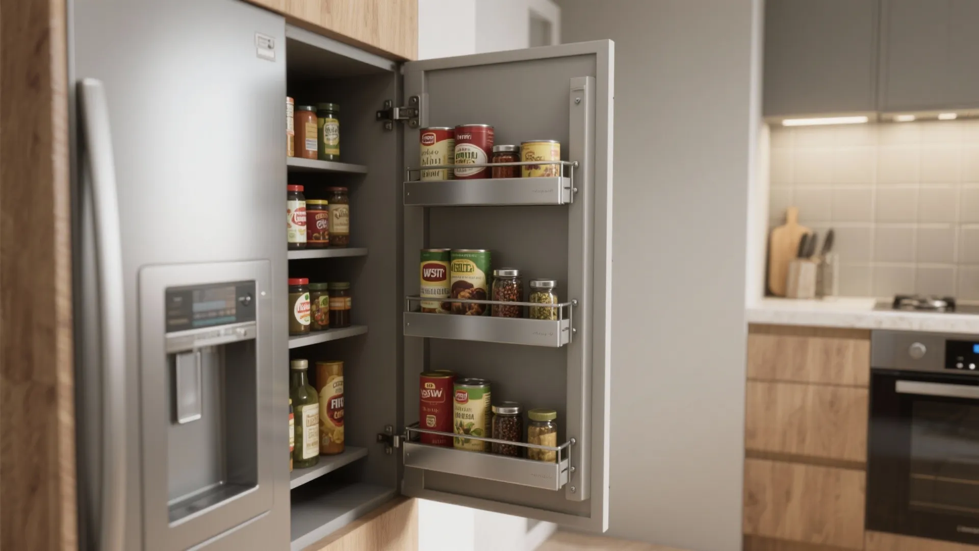 Modern kitchen with open tall wooden cabinet storage showing organized shelves and various canned food items