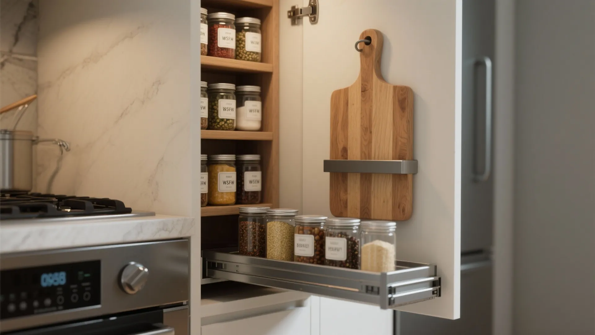 1. Slim but Smart: Pull-out Storage Walls