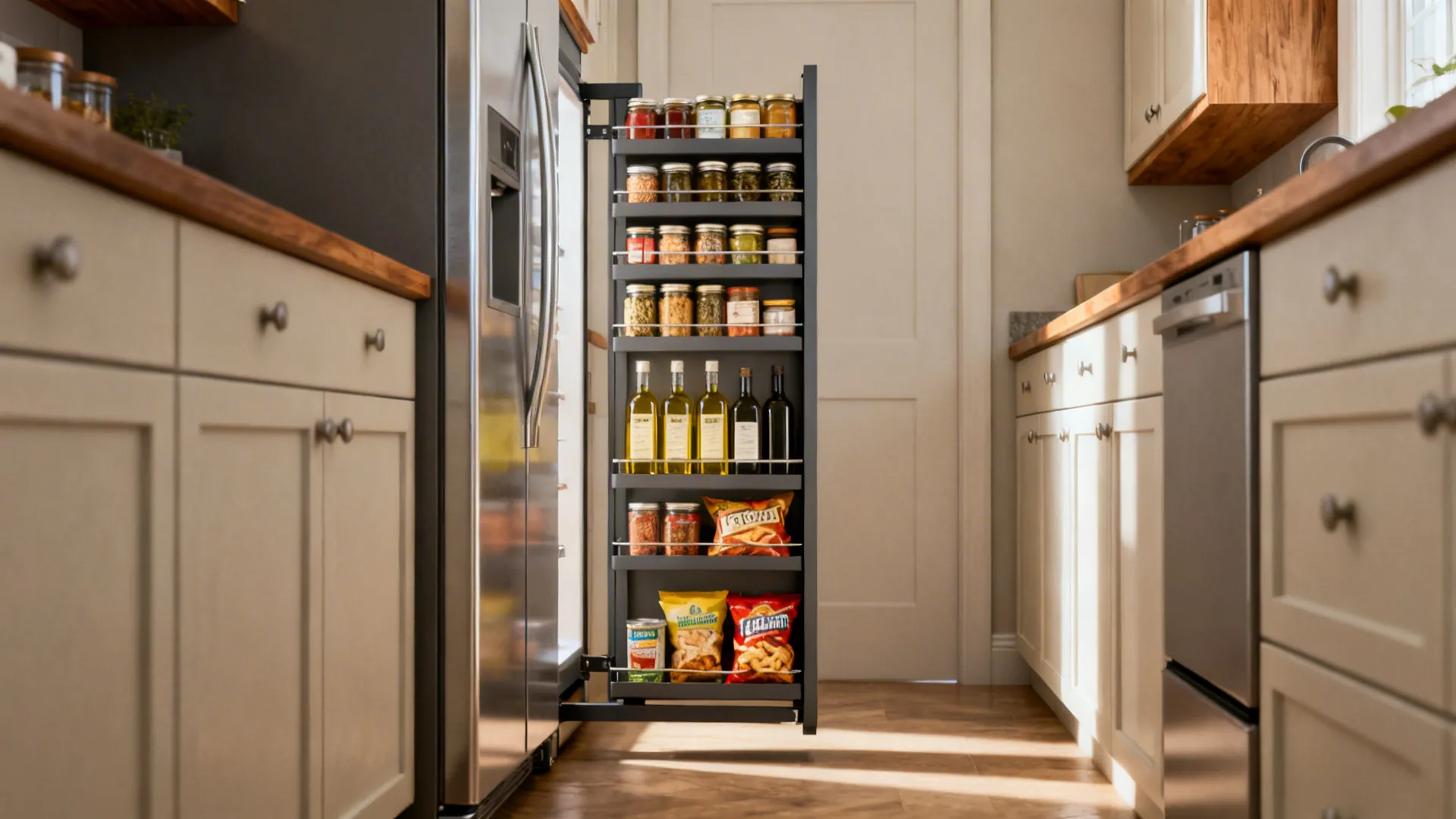 Tall slim pantry cabinet filled with spice jars and oils next to a silver refrigerator