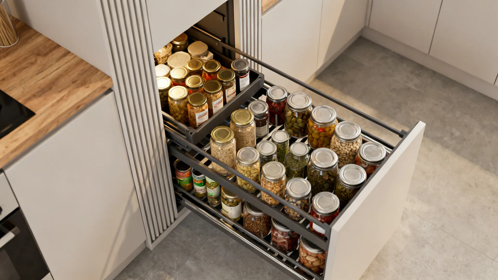 Elevated view of a pull-out pantry in a small kitchen with organized jars and spices