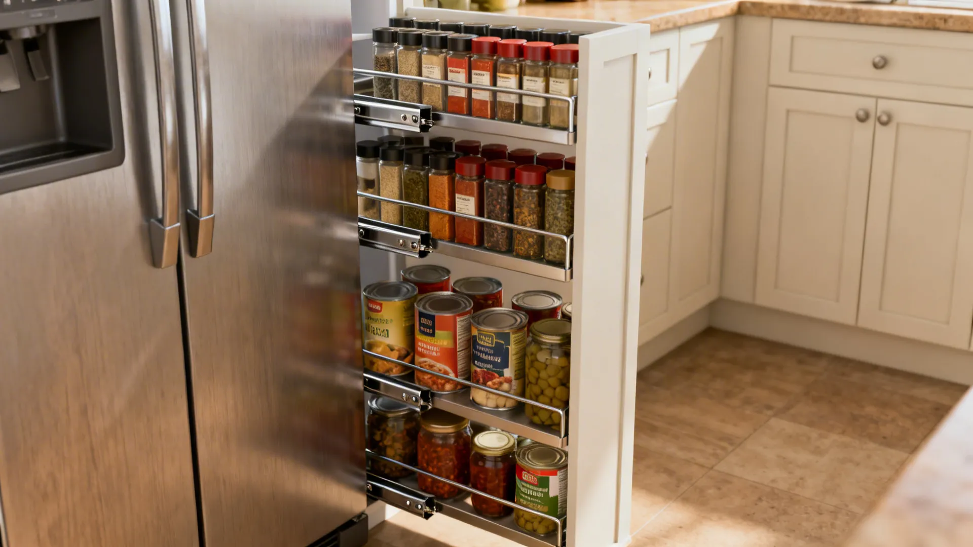 Slim pull-out pantry tower beside a fridge showing organized spices and cans