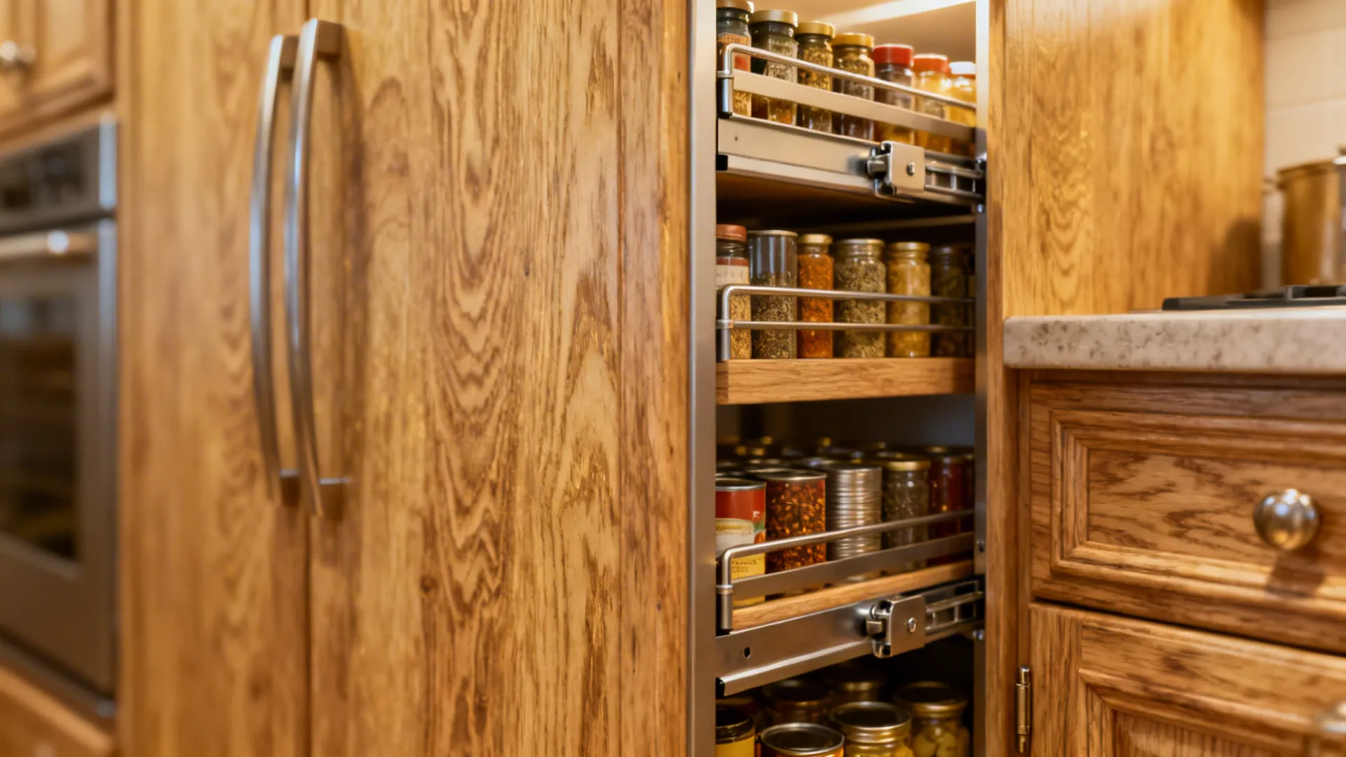 Narrow pull-out pantry with organized cans and spices showcasing vertical space-saving storage.
