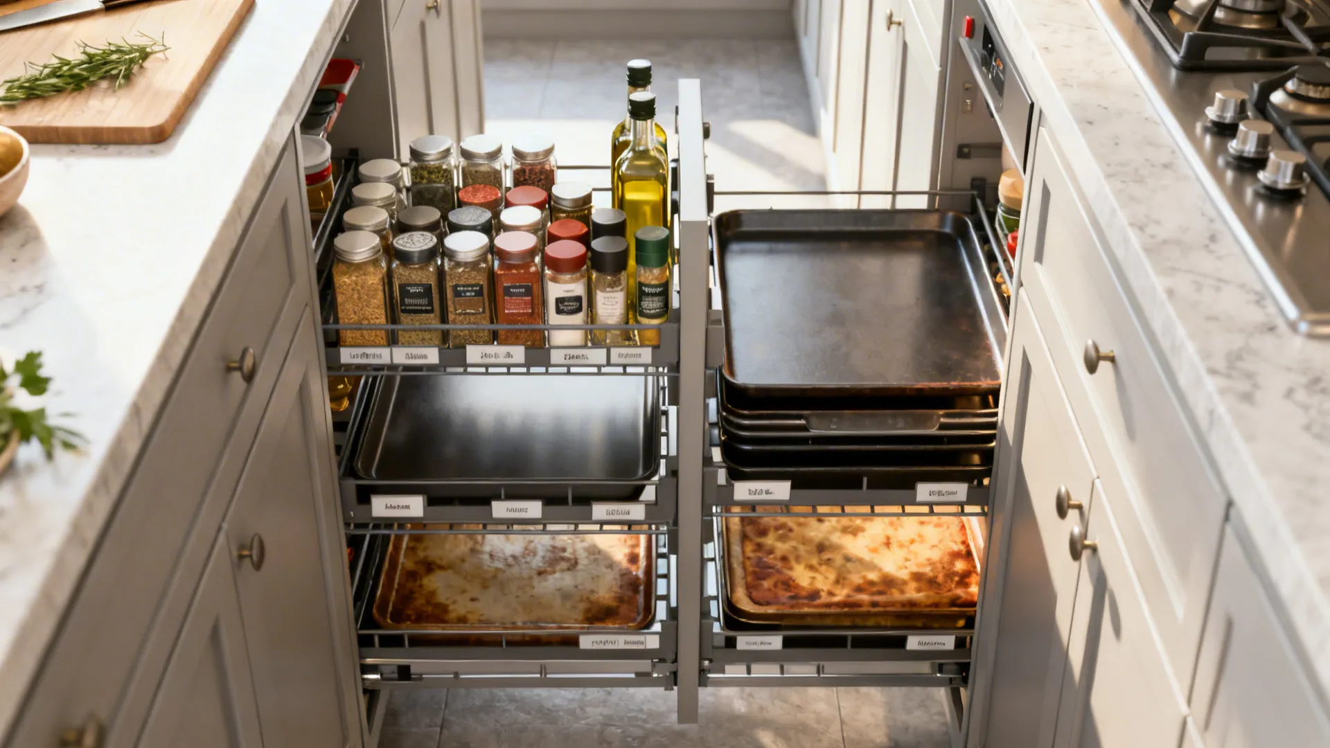 Narrow pull-out pantry extended showing organized spices and vertical trays in a small kitchen.