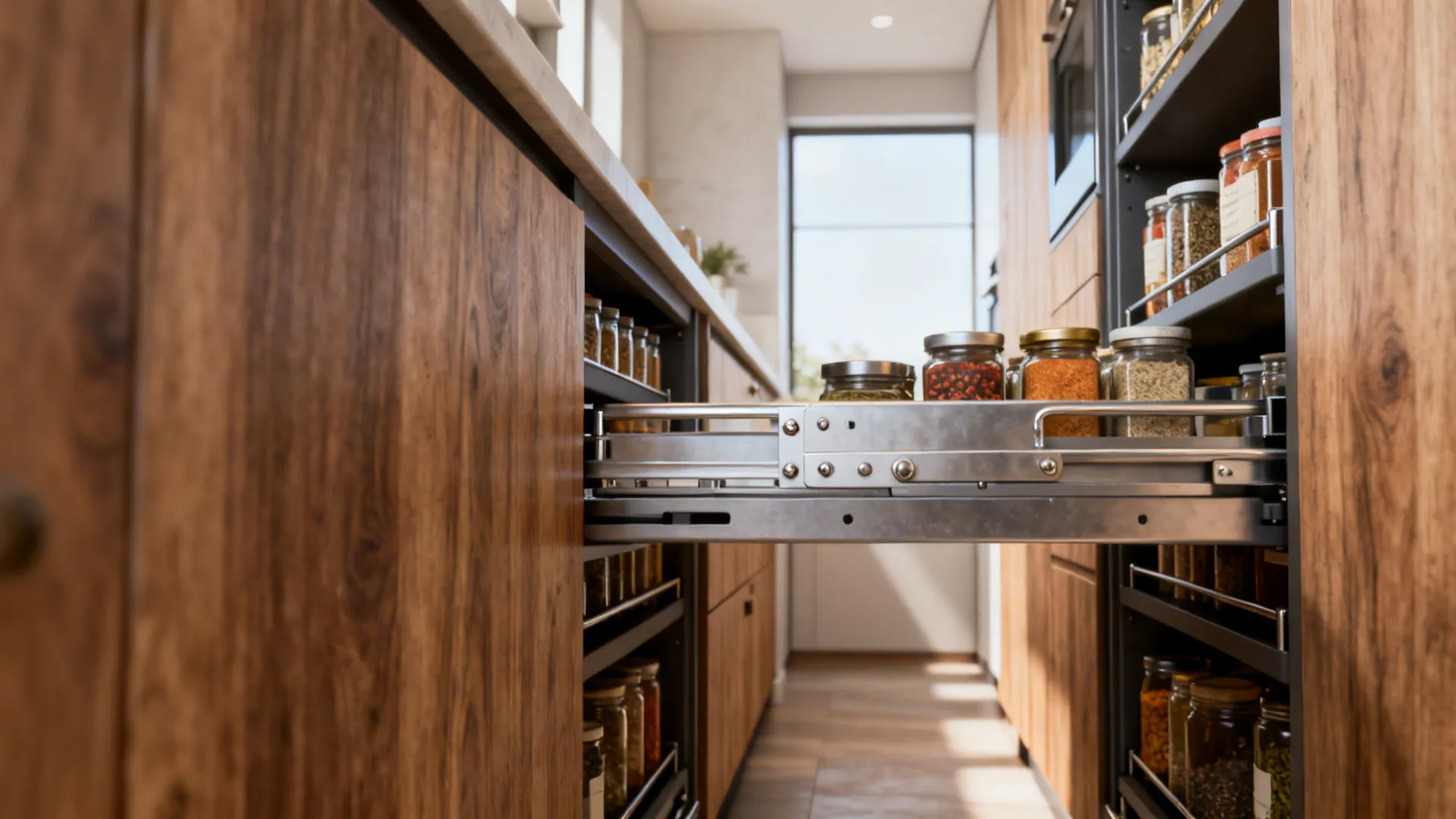 Tall pull-out pantry open with organized jars and spices in a narrow kitchen.