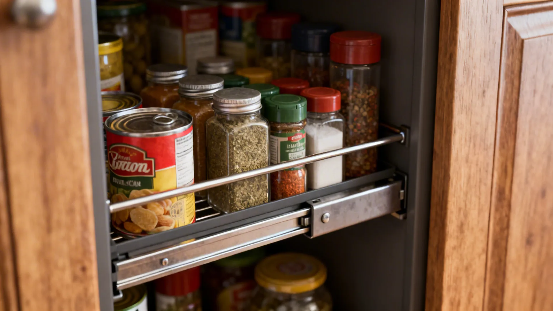 Pull out kitchen pantry drawer filled with glass spice jars and food cans in wood cabinet