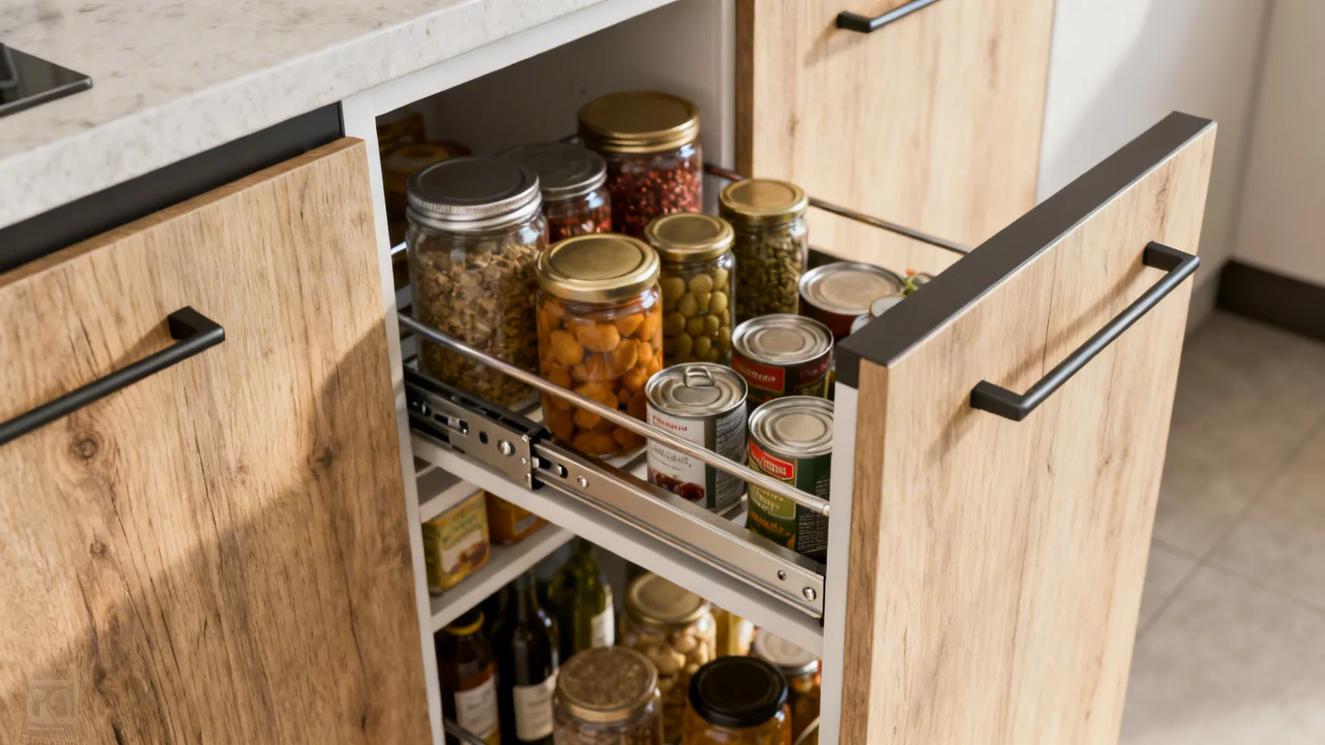 Wooden pull out kitchen cabinet drawer filled with glass jars and tin cans for storage
