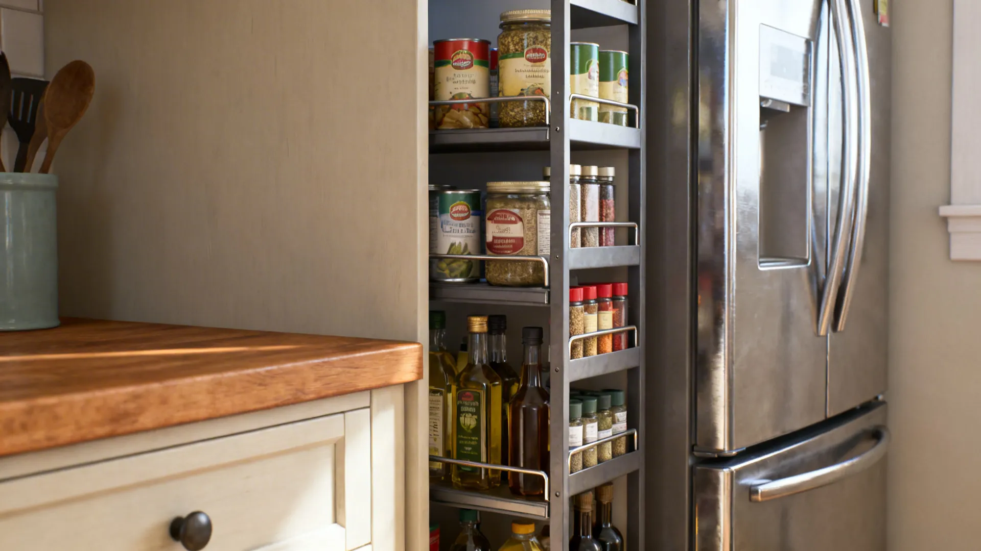 Slim pull-out pantry beside fridge with organized spices and cans