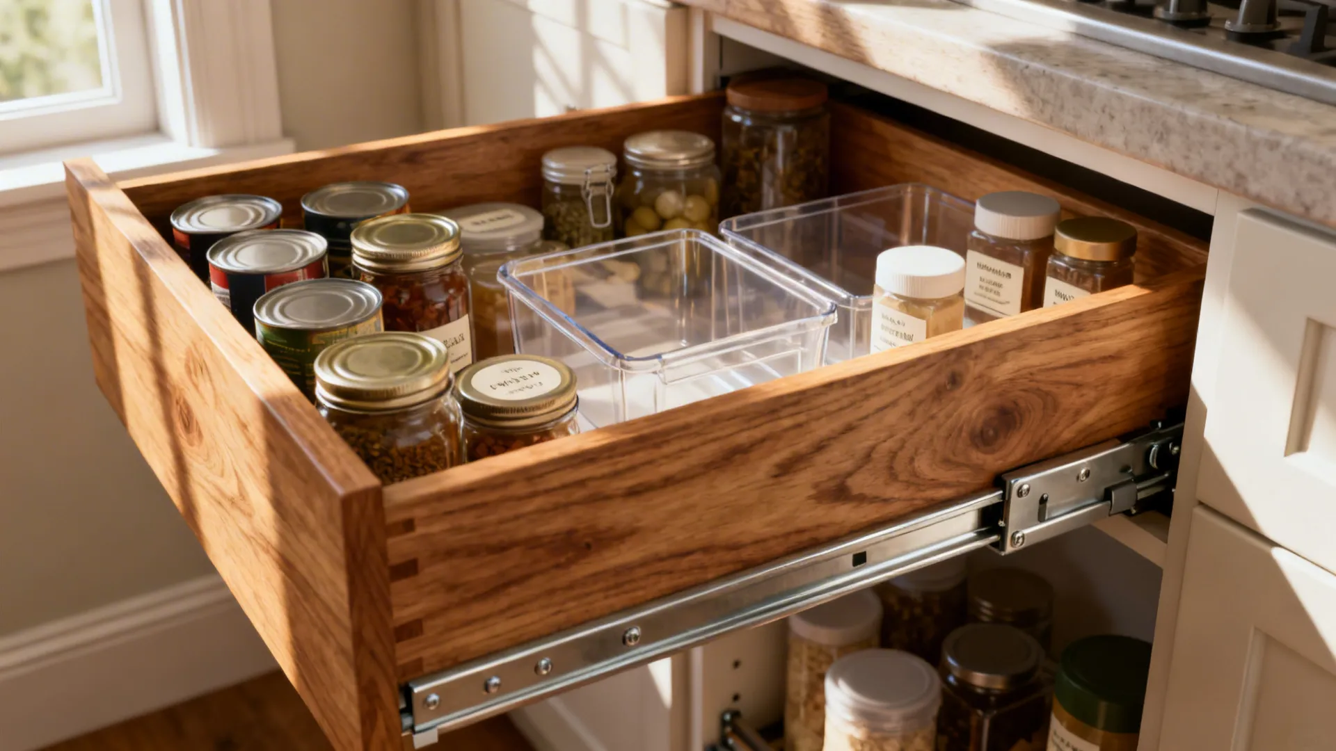 Deep pull-out pantry drawers fully extended with neatly organized cans and bins.