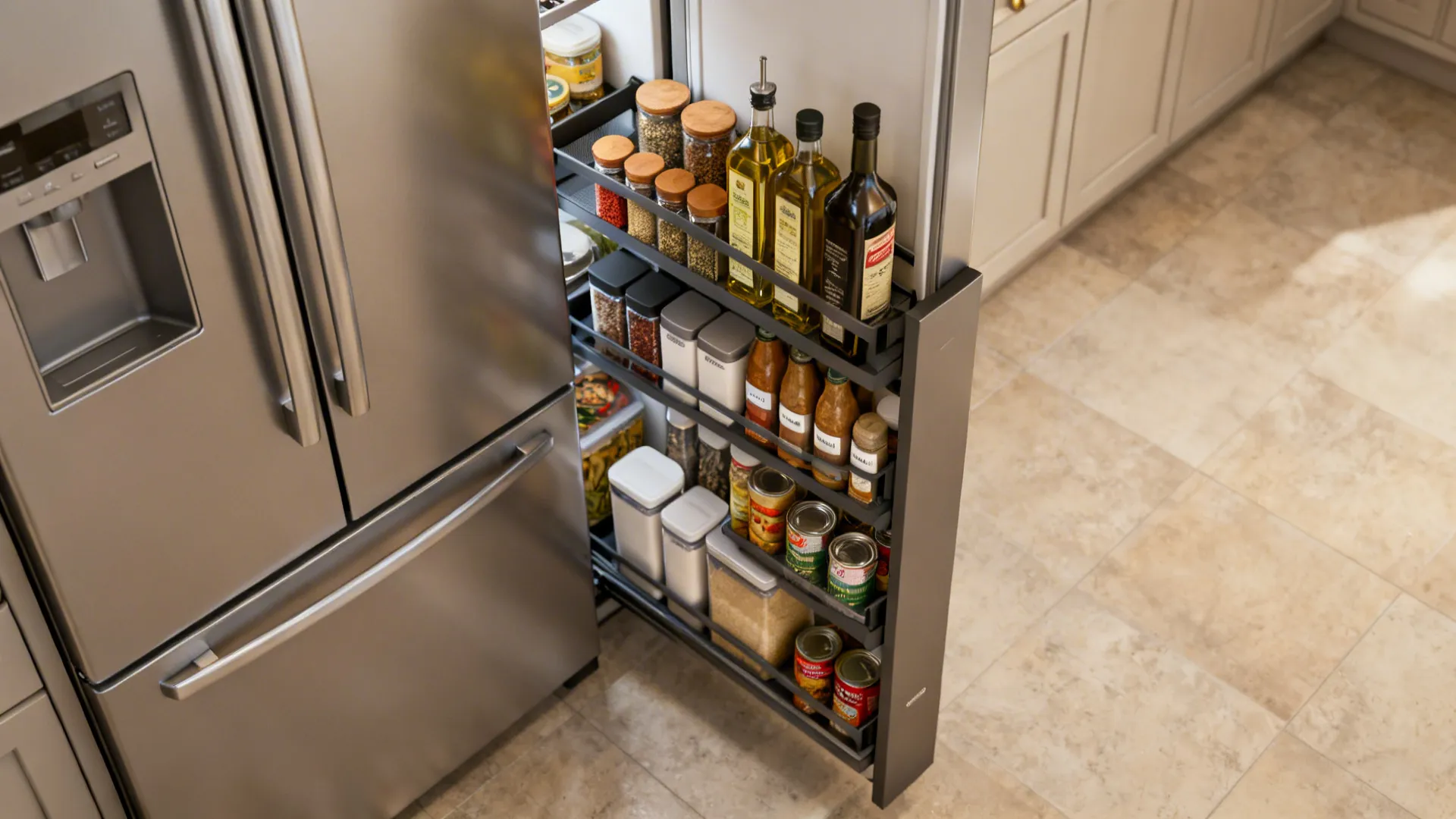 Narrow pull-out pantry open beside a fridge showing organized vertical storage for spices and cans.