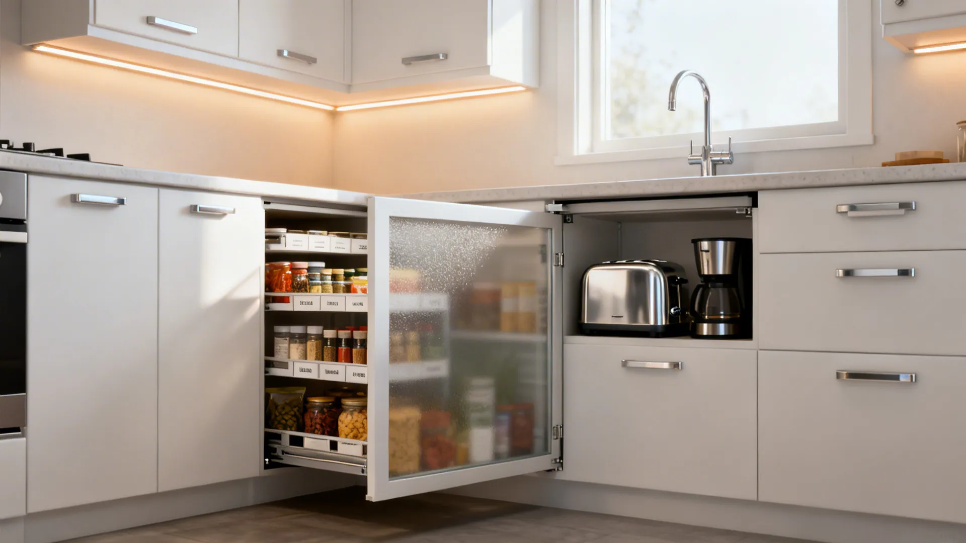 Pull-out pantry and hidden appliance garage keeping a small kitchen organized and counters clear.