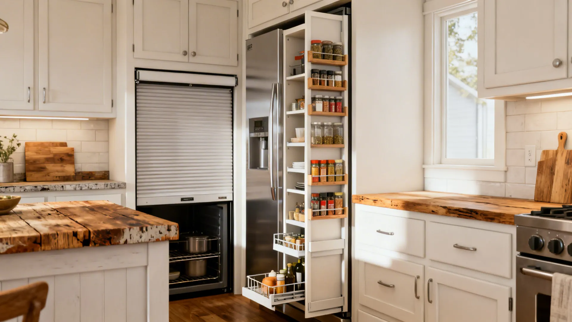 Compact kitchen with a tall pull-out pantry and hidden appliance garage reclaiming counter space.