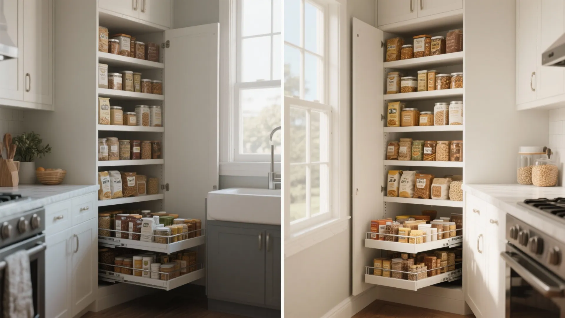 Before and after view of a kitchen space with a tall pull-out pantry