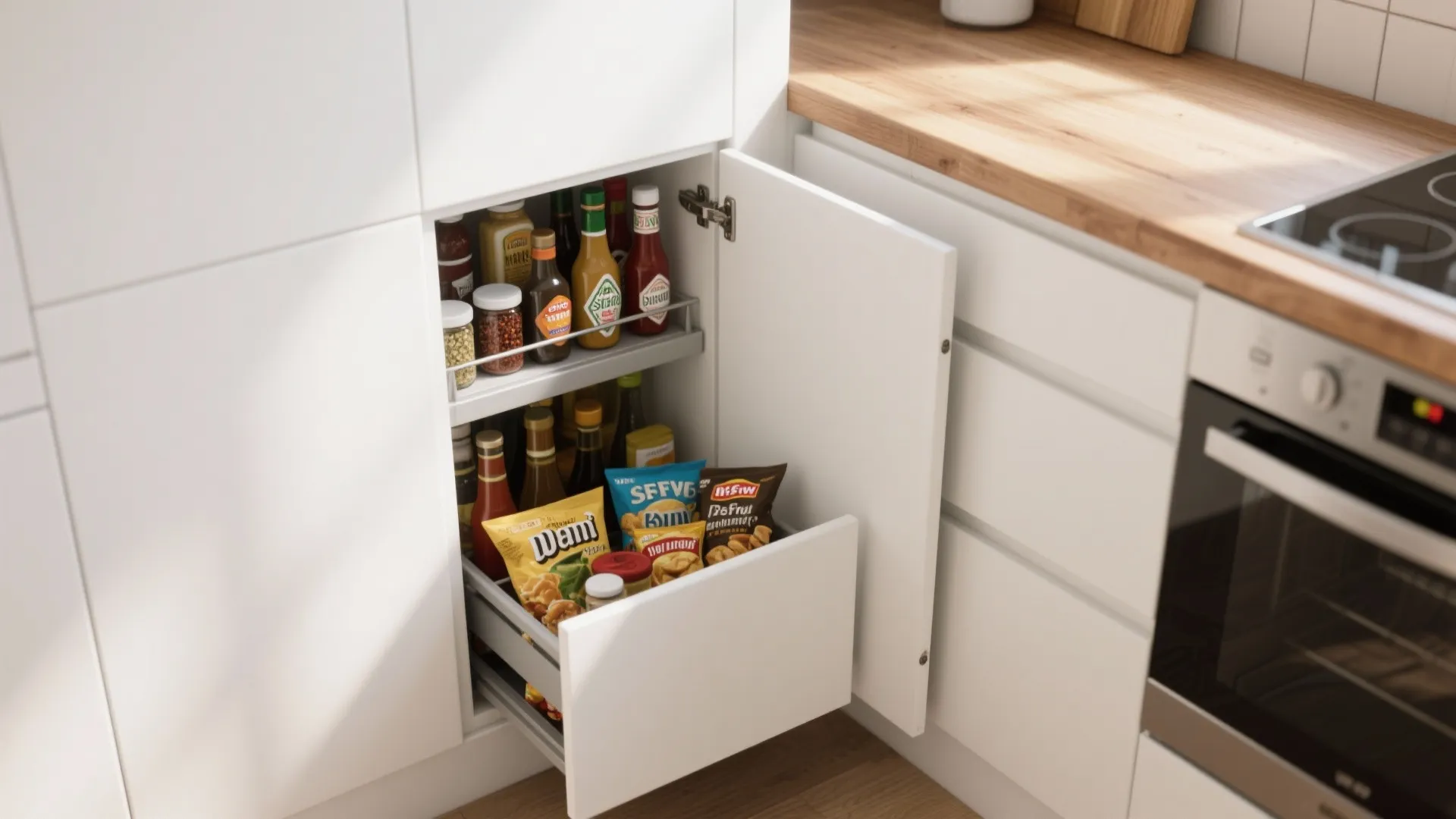 Modern white kitchen cabinet featuring pull out drawers for organized storage of various food bottles