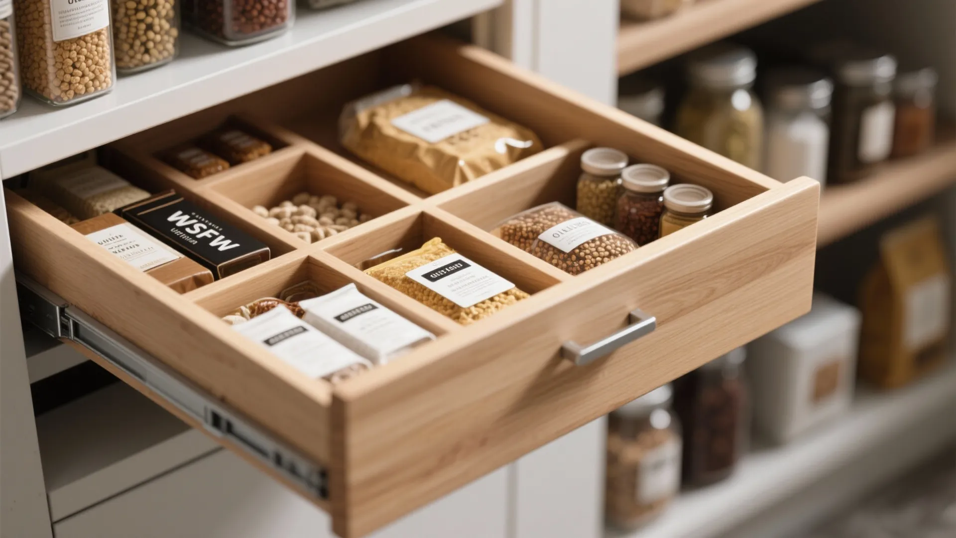 Close-up of pull-out pantry drawers with dry goods