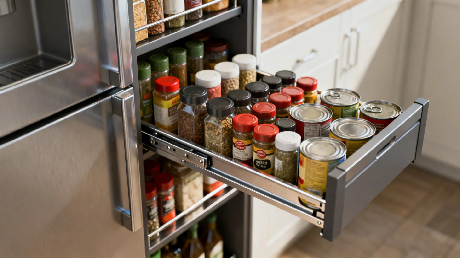 Macro of a tall pull-out pantry on sturdy slides with neatly organized jars and cans.