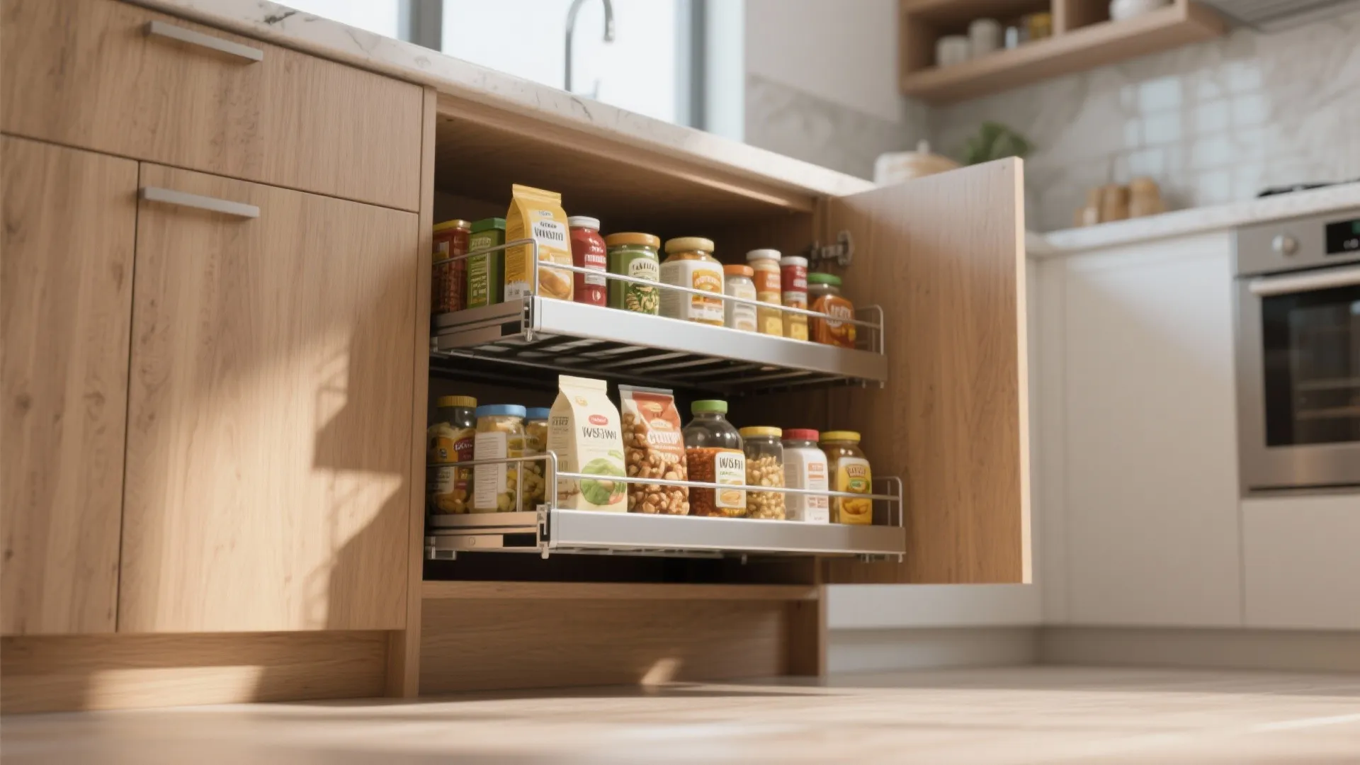Organized pull out pantry metal shelves inside a wood kitchen cabinet holding various food jars