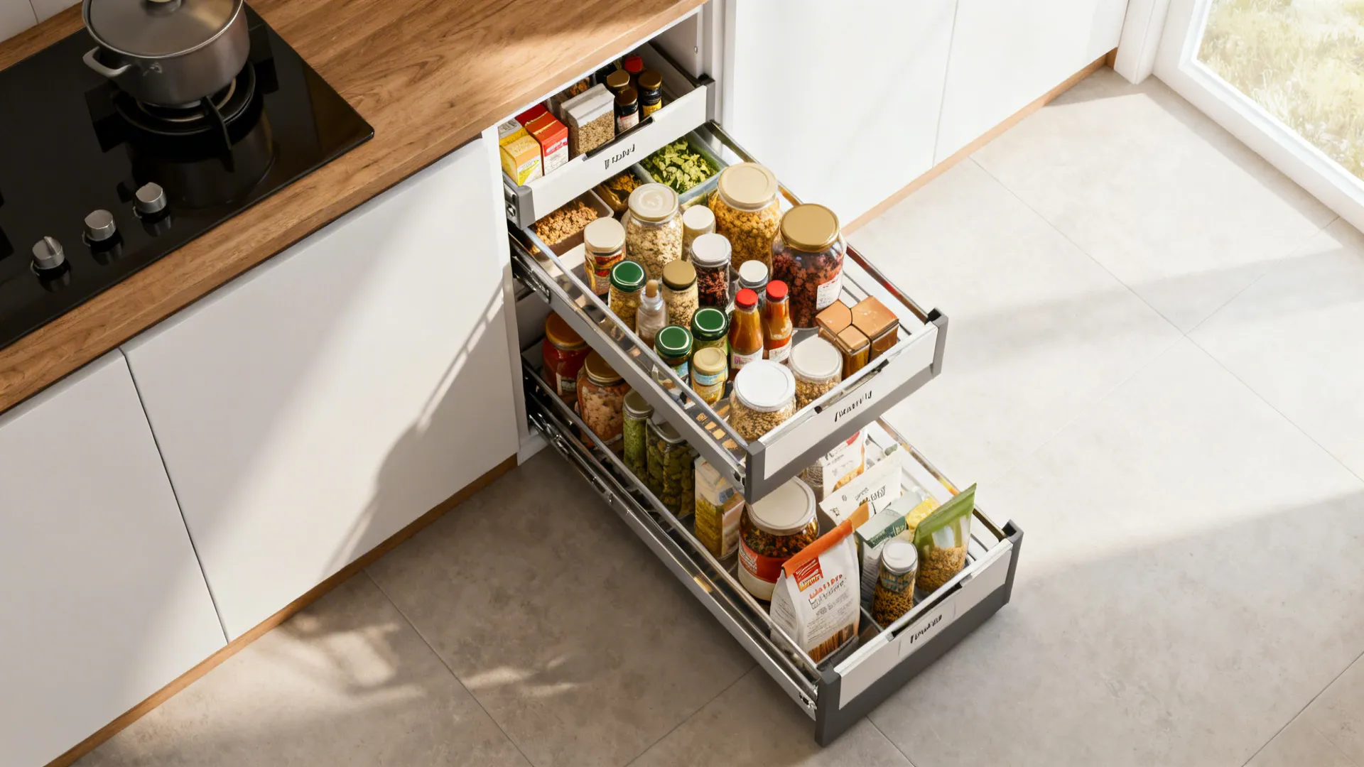 Top-down view of a narrow pull-out pantry with organized slide-out shelves in a small kitchen