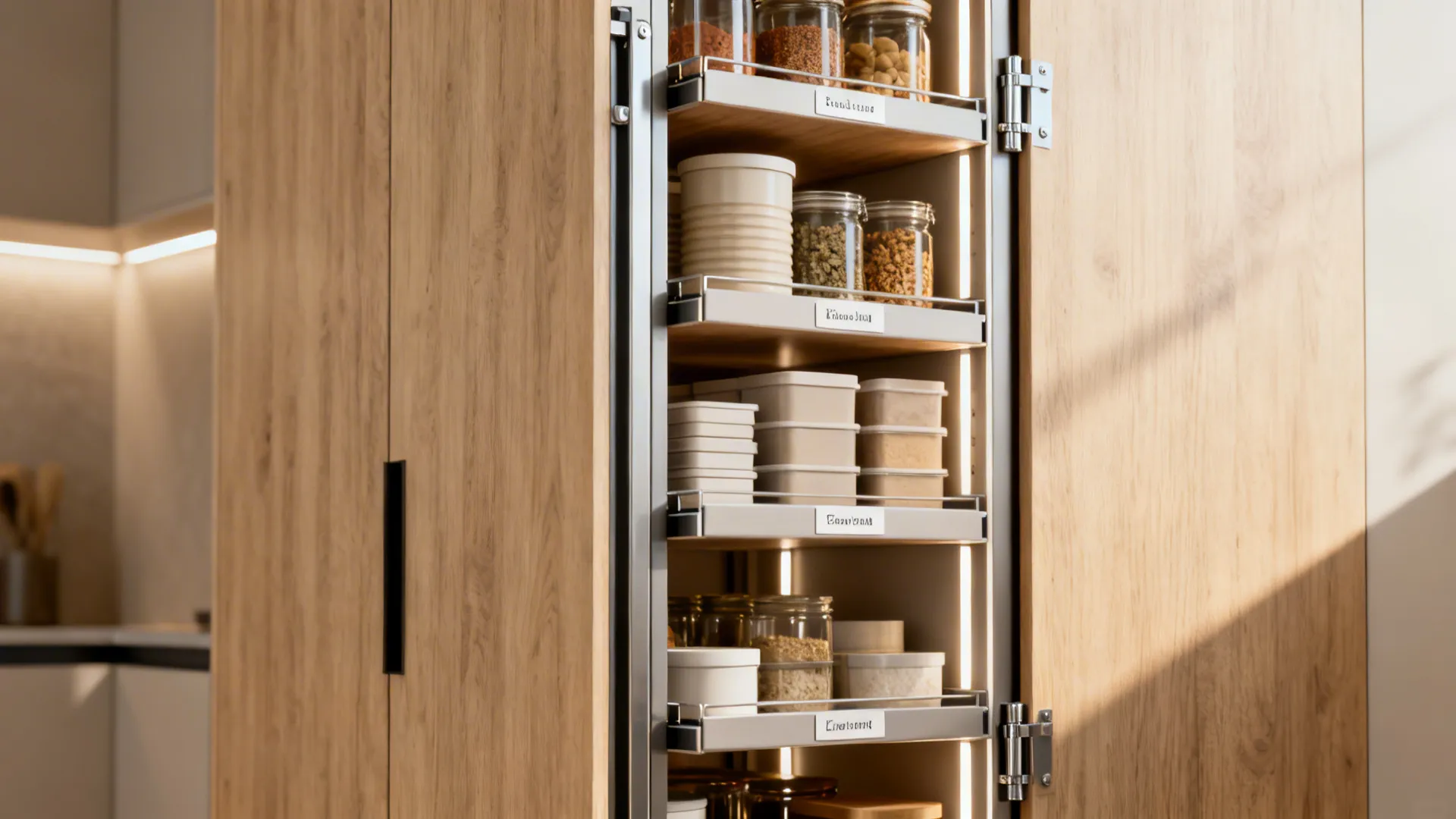 Tall slim pull-out pantry tower with organized jars and stackable containers.