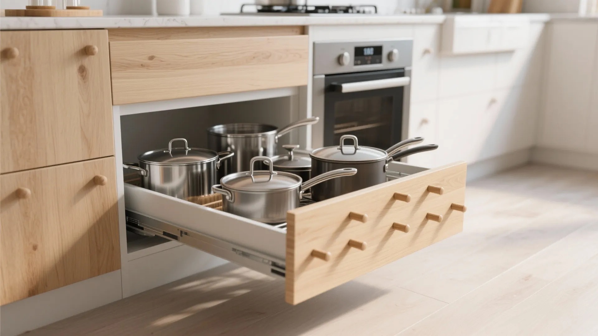 Modern wooden kitchen cabinet with an open pull out drawer storing several metal cooking pots