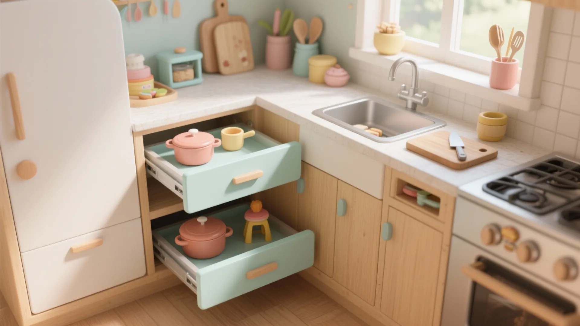 Mini prep zone with two pull-out counters—one kid-height with toys, one adult prep station.