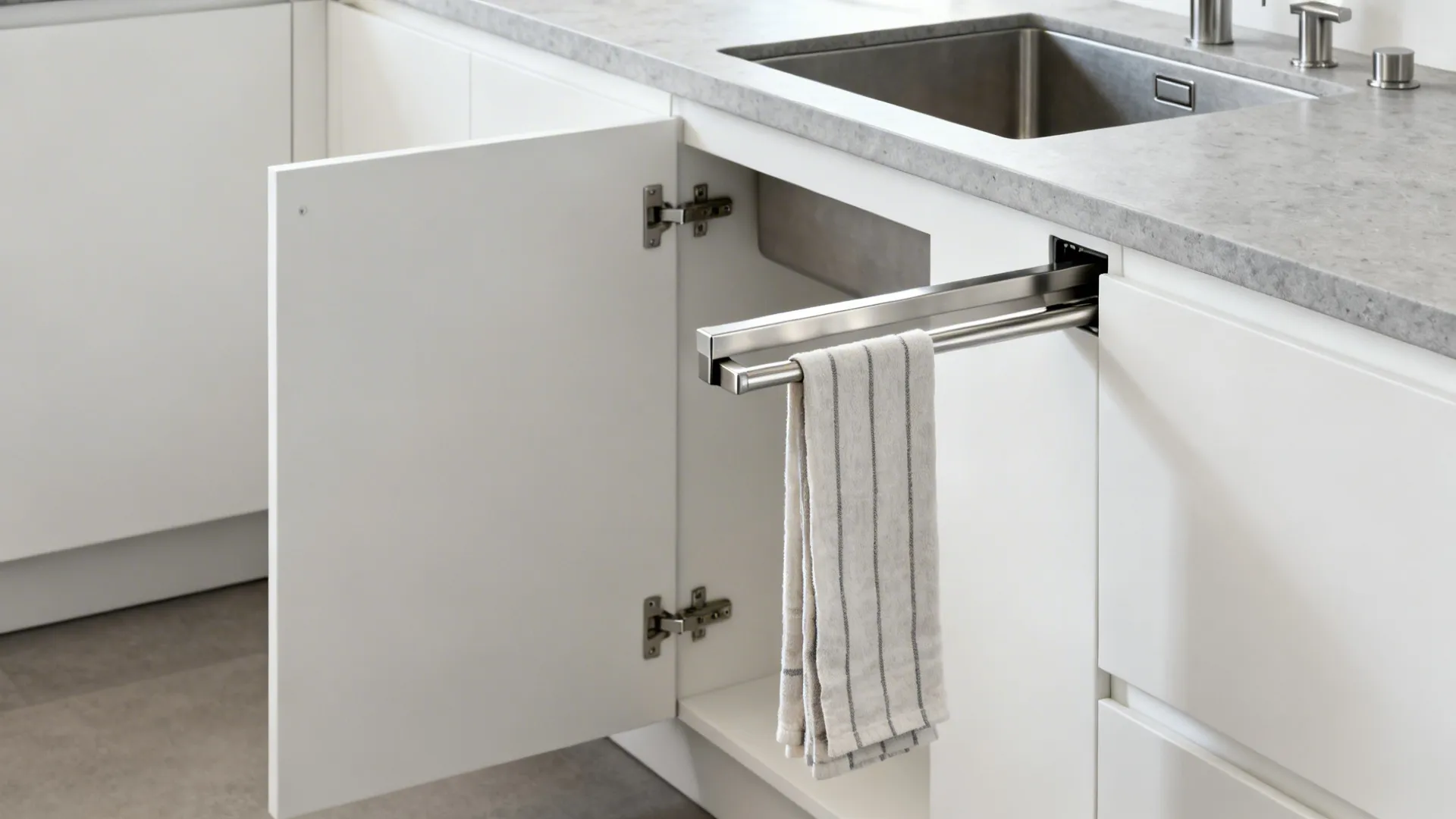 Inside-cabinet pull-out towel rail extended from a sink base cabinet in a modern kitchen.