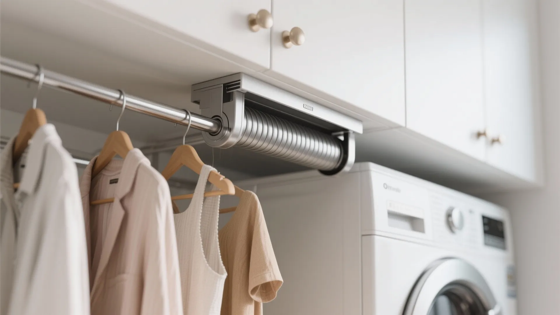 Laundry room cabinet detail showing a metal clothes hanging rod above a white washing machine