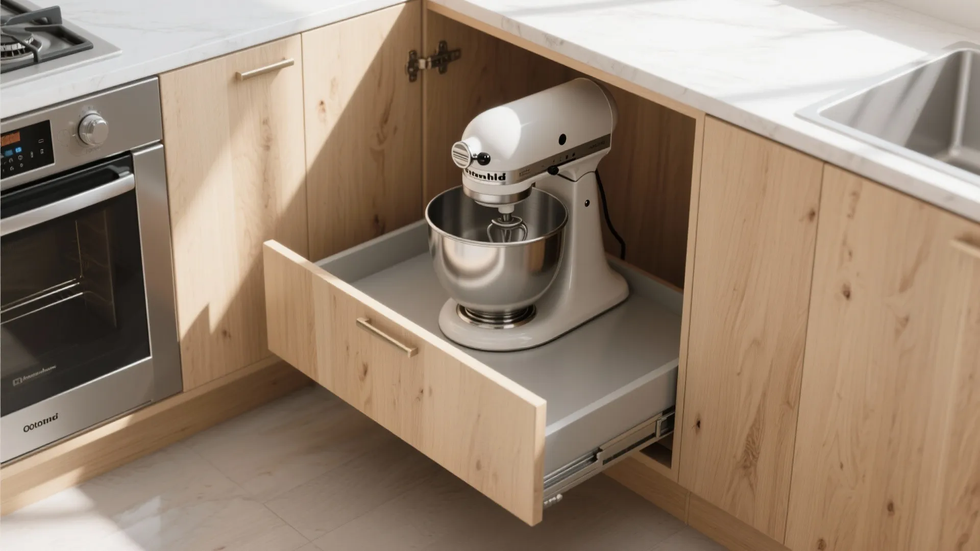 Light wood kitchen cabinet with a pull out shelf holding a white stand food mixer