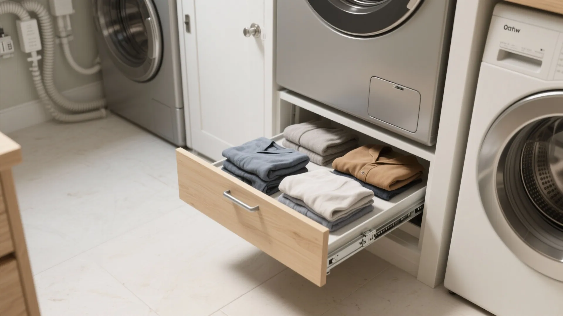 Wooden pull out drawer under silver washing machine filled with neatly folded clothes in laundry