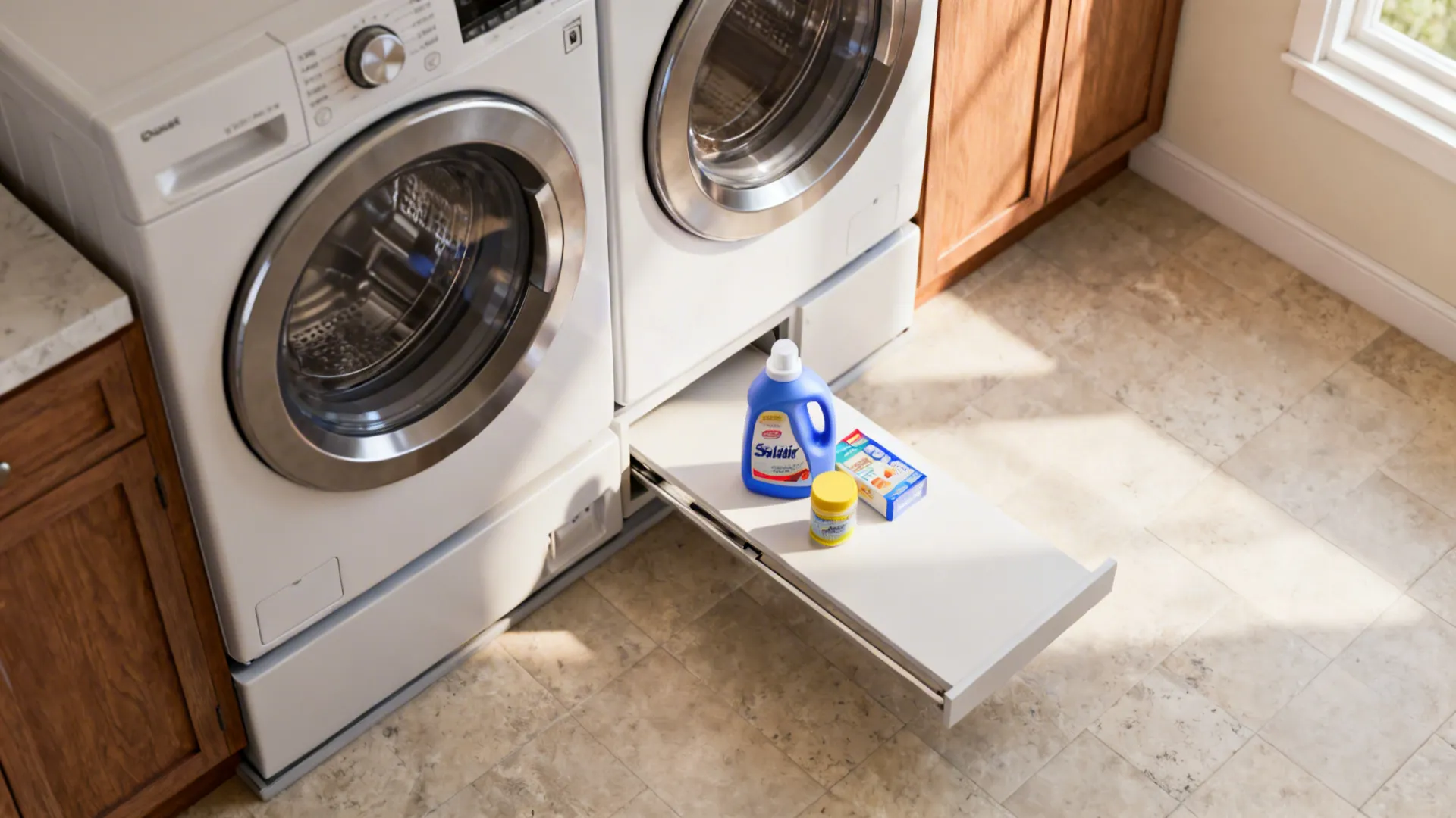 Thin pull-out shelf between stacked washer and dryer holding a detergent bottle