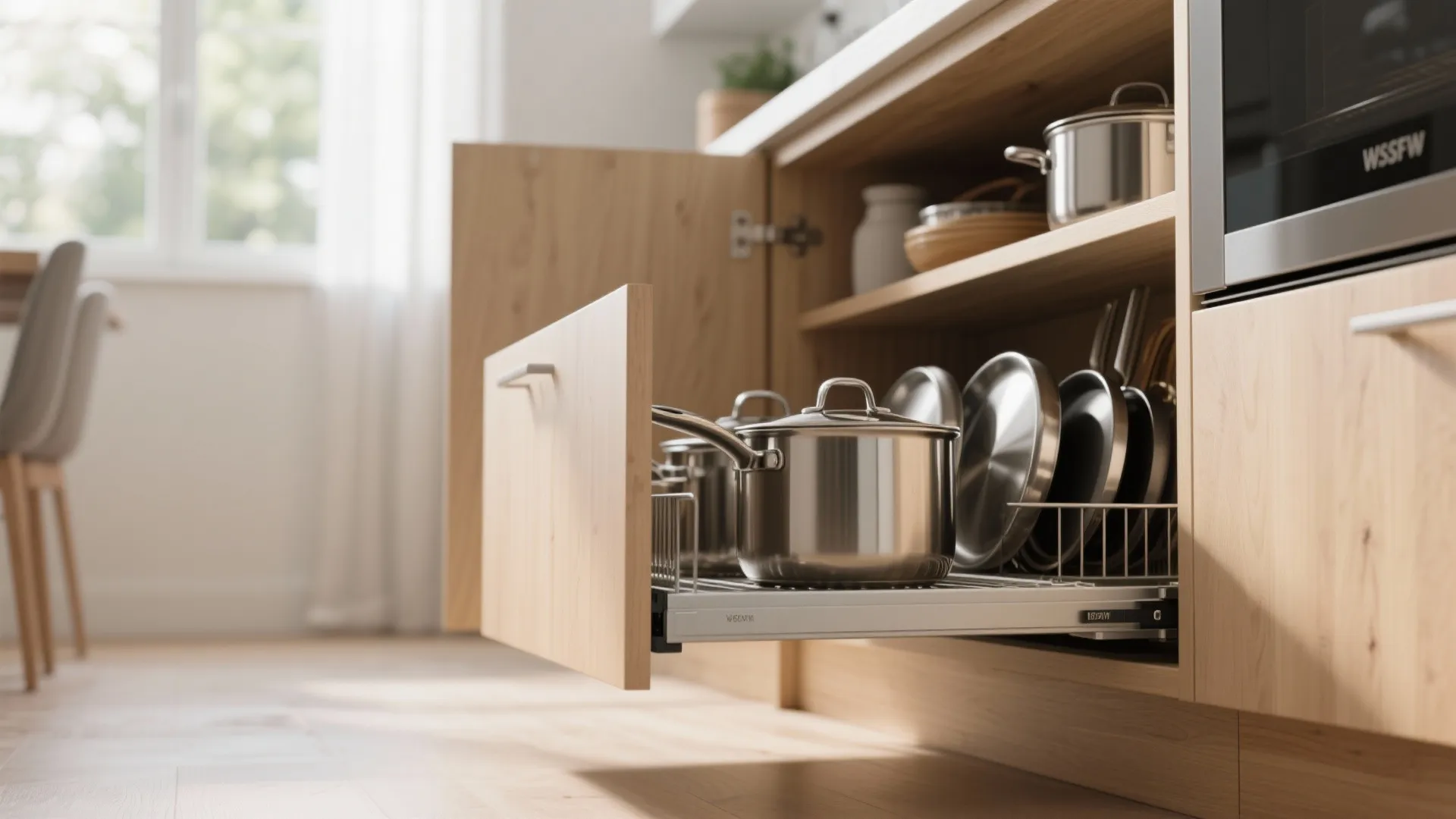 Wooden kitchen cabinet featuring pull out metal shelf storage holding stainless steel pots and pans