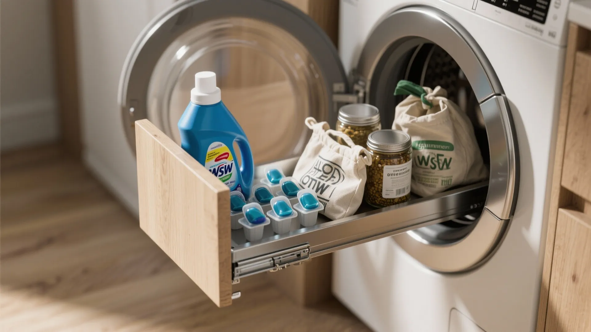 2. Pull-Out Shelves Next to the Washer