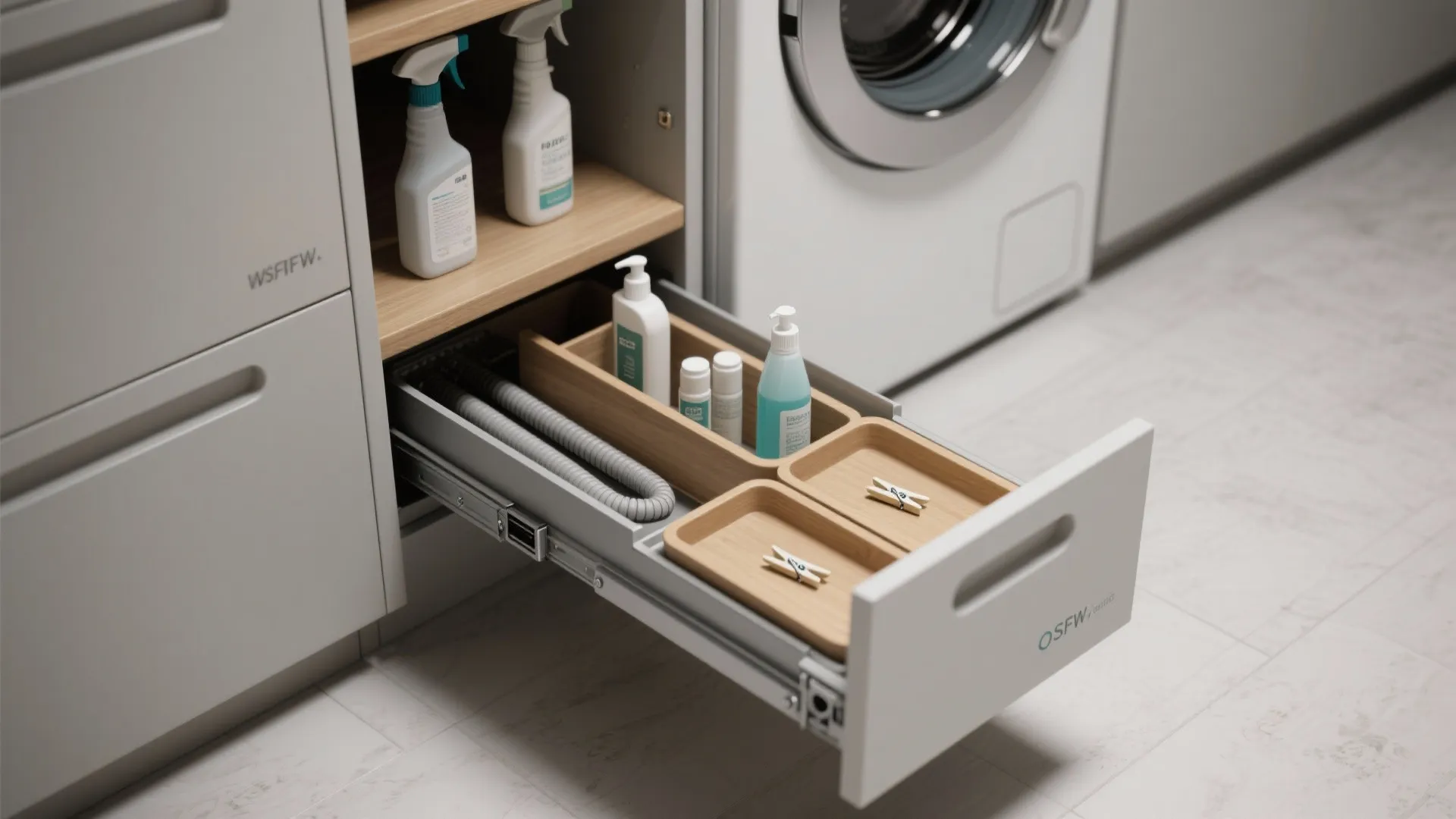 Modern laundry room cabinet with pull out drawer holding bottles soap and wooden storage trays
