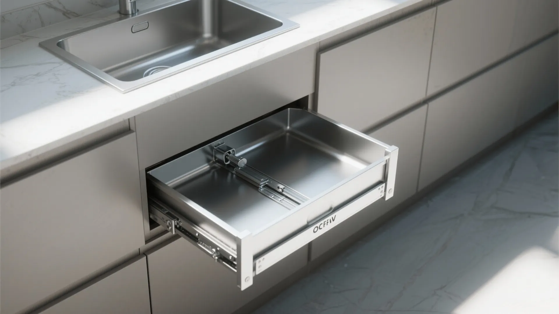 Modern kitchen with marble countertop showing a metal pull out drawer under the silver sink
