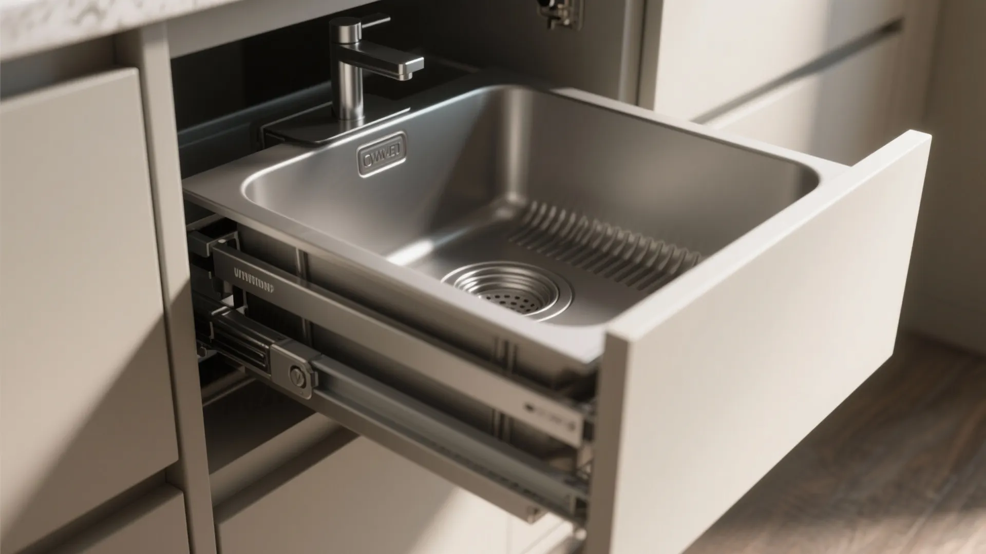Pull out stainless steel kitchen sink inside beige cabinet drawer with a silver metal faucet